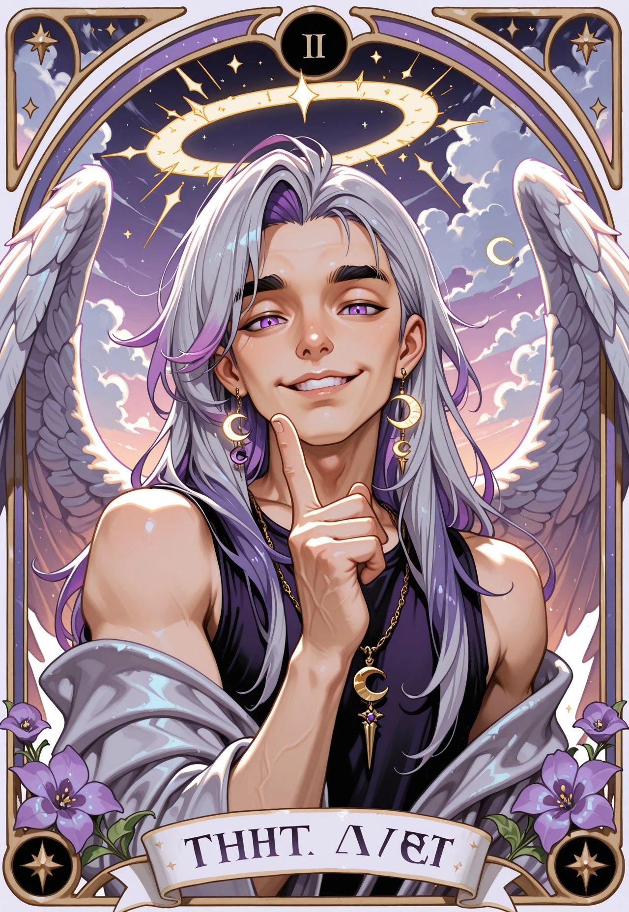 masterpiece, best quality, F4UX-T4R0T Style, 1boy, male focus, earrings, jewelry, wings, solo, necklace, halo, flower, smile, crescent, long hair, crescent earrings, angel, tarot, grey hair, index finger raised, looking at viewer, purple eyes, multicolored hair, feathered wings, angel wings, sky, thick eyebrows, roman numeral, border, purple hair, lips, cloud, bare shoulders, teeth, art nouveau, belle epoque, tarot card