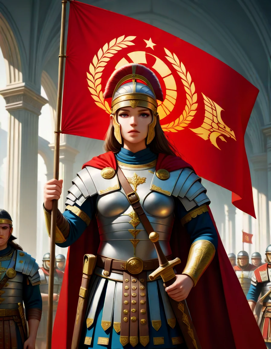masterpiece, best_quality, very_aesthetic, highres, absurdres, ultra detailed,
<lora:negXL:0.5> <lora:RomanLegionary_IL:0.9>
romanlegionary, armor, weapon, holding, holding weapon, sheath, breastplate, cape, chainmail
holding flag,
1girl,
upper body,
standing,
outdoors,
photorealistic, ,Acrylic
, indoors, ,
,gradient colors, ,
Long shot,