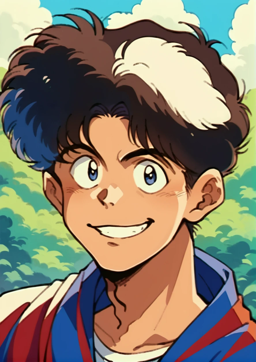 score_9, score_8up, score_7up, score_6up, source_anime, masterpiece, best quality, high quality, retro style, 1boy, rating_safe, solo, male focus, upper body, looking at viewer,  smile, outdoors,  <lora:SakuraSakuma1982StylePony:1>