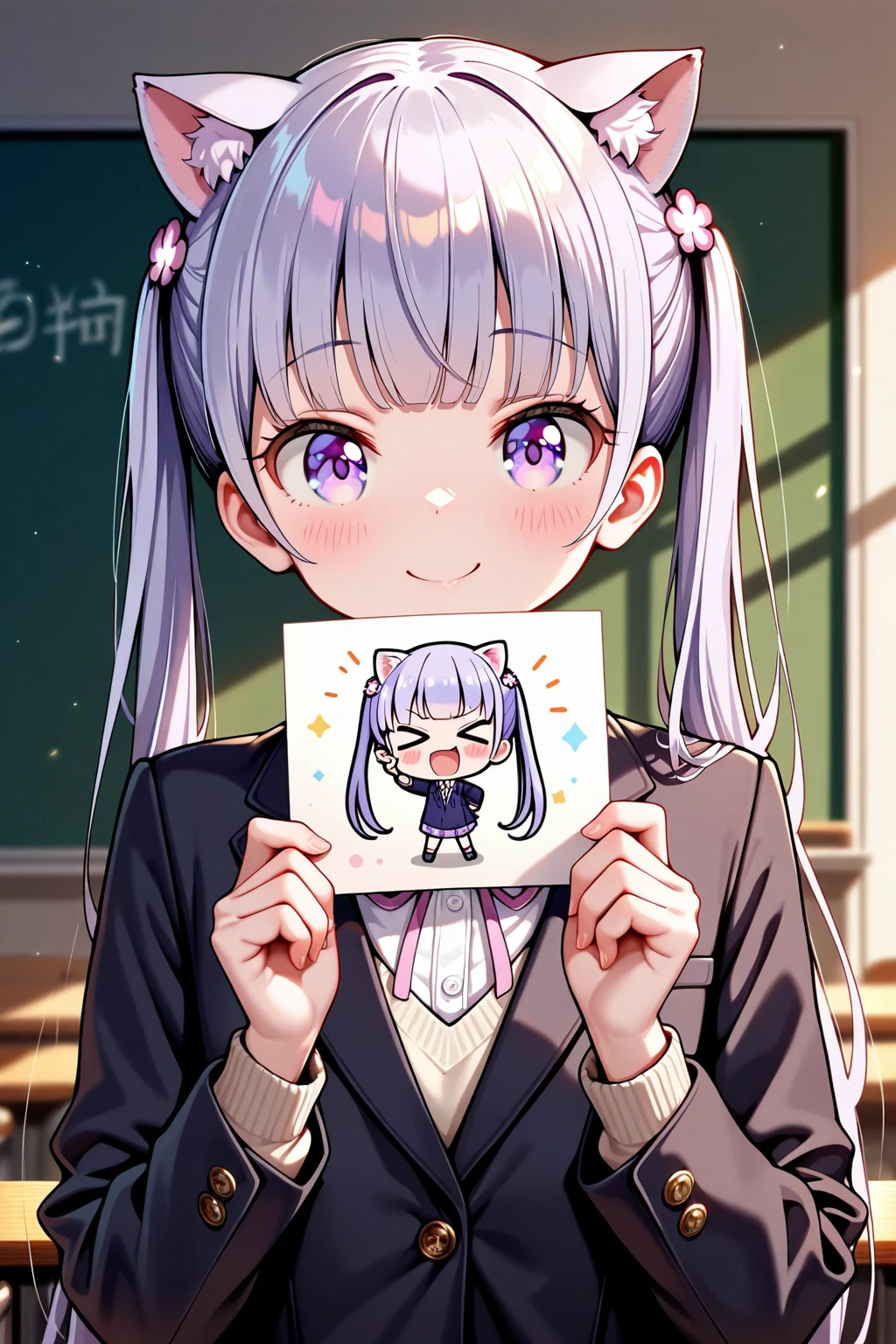 (best quality,4k,8k,highres,masterpiece:1.2),ultra-detailed,suzukaze aoba,1girl,solo,upper body,victory hand gesture,looking at viewer,smiling,short brownSmooth Quality, 1girl, solo, cat girl, classroom, >_<, holding drawing of chibi cat girl with >_< expression, classroom, white hair,