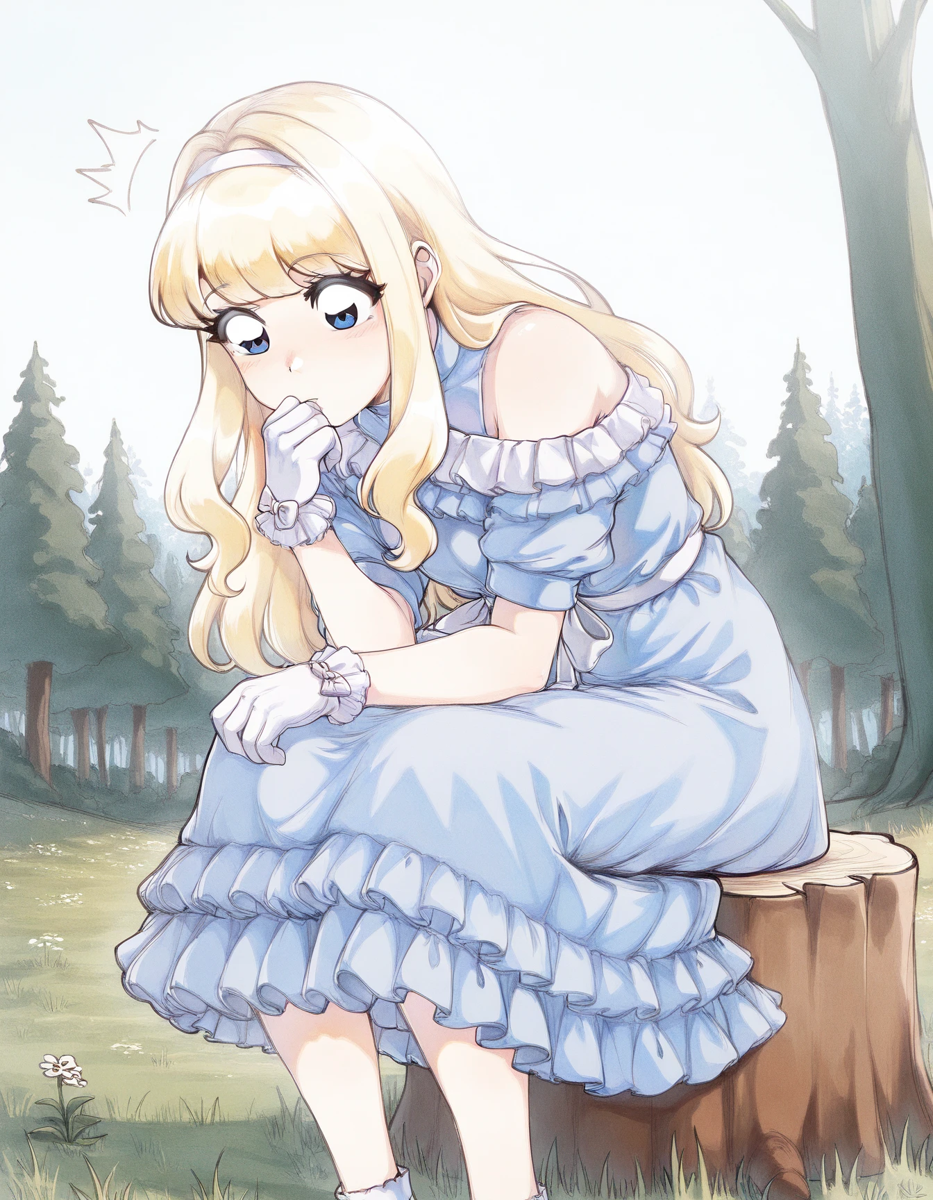 masterpiece, best quality,
mar1k0, long blonde hair, frilly light blue dress, exposed shoulder, white gloves, blue dress, 4 fingers
th1nk3r ,sitting, head rest, leaning forward, outdoors, sky, wind, grass, stump, forest, spring, surprise
<lora:The_Thinker_pose_Concept_for_Illustrious:0.9>
<lora:mar1k0-vkstickrs_il:0.9>