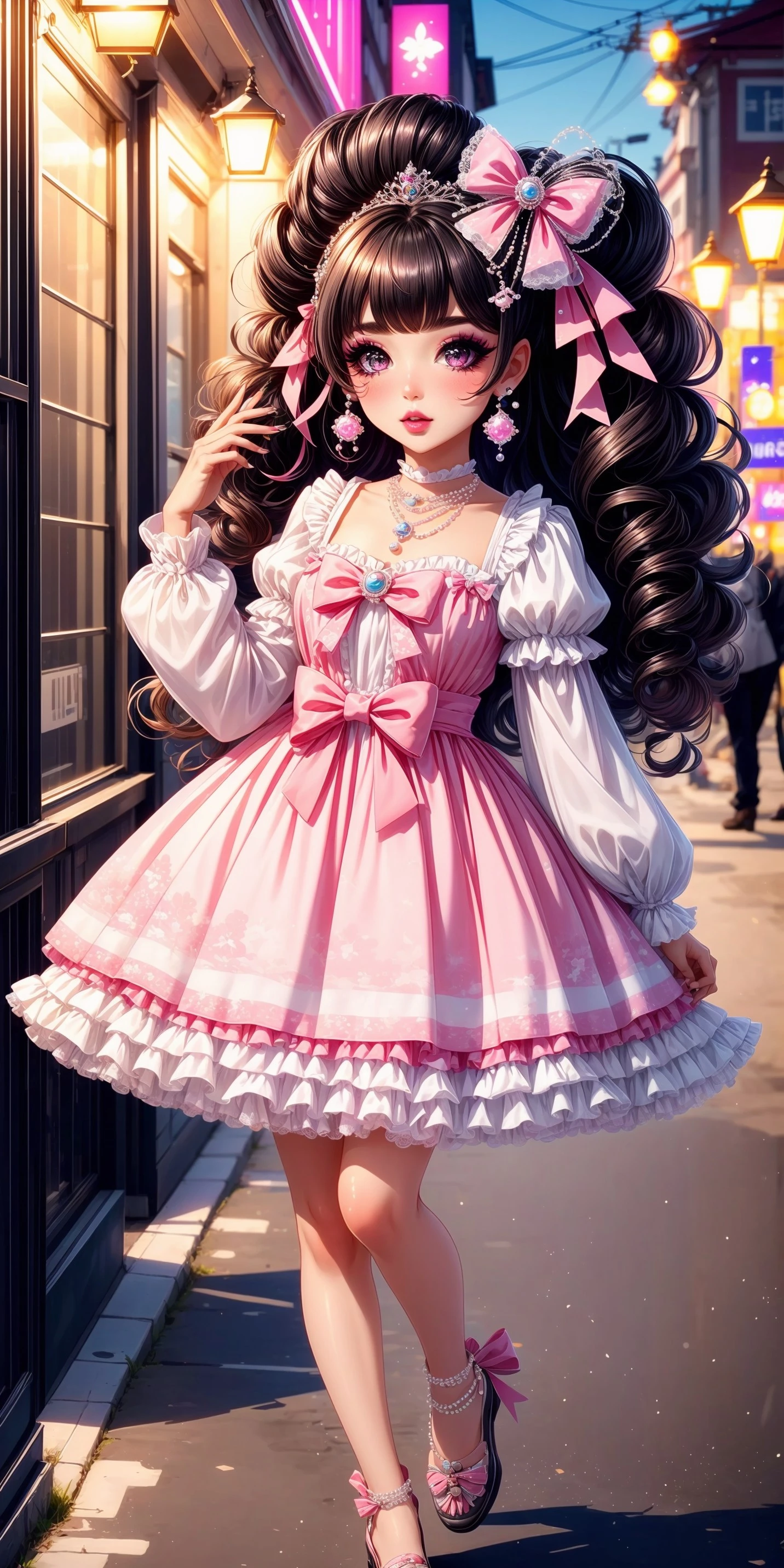 (fullbody) 1girl, big sparkling eyes, blush, full face blushing, hime gyaru, big hair, curly hair, large curls, makeup, lipstick, print clothing, floral print, plaid print, dress, short dress, puffy sleeves, ruffles, frills, lace, lace trim, bows, hair ornaments, hair ribbons, ribbon headband, (princess tiara), pearl, pearl hair ornament, light cute jewelry, necklace, pink theme, white theme, <lora:more_details:0.7>, <lora:scene_:0.5>, <lora:FashionComplexityEnhancerLORAv1:0.4>, <lora:b0f12bd0-2b72-441b-994e-54c9fc47df3f:0.6>, <lora:f7d08feb-f21d-42d0-9ef1-a9481867524d:0.3>, <lora:96073874-f082-4683-942e-601cecac5c40:0.3>, <lora:5844635f-c9c3-4f9e-85c4-d0d40f201159:0.3>, <lora:dde4416e-9f24-48d4-a965-d989baea5d73:0.2>, ,