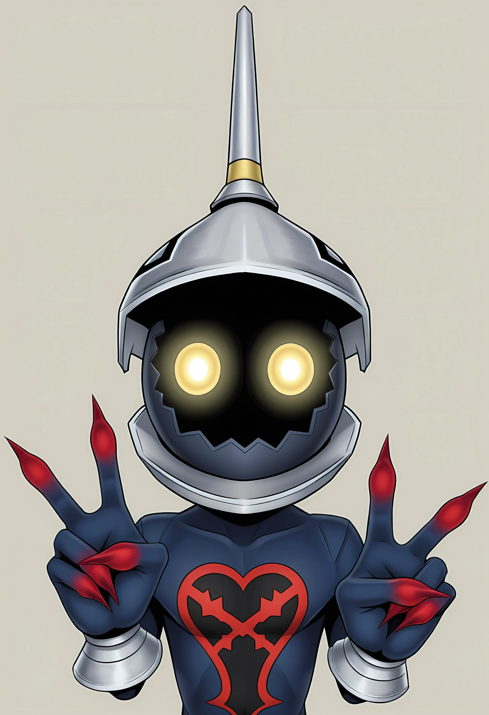 masterpiece, best quality, amazing quality, very aesthetic, absurdres, newest, <lora:HeartlessSoldierILf:1> h4silf, faceless, yellow eyes, glowing eyes, helmet, claws, upper body, looking at viewer, v,
simple background,