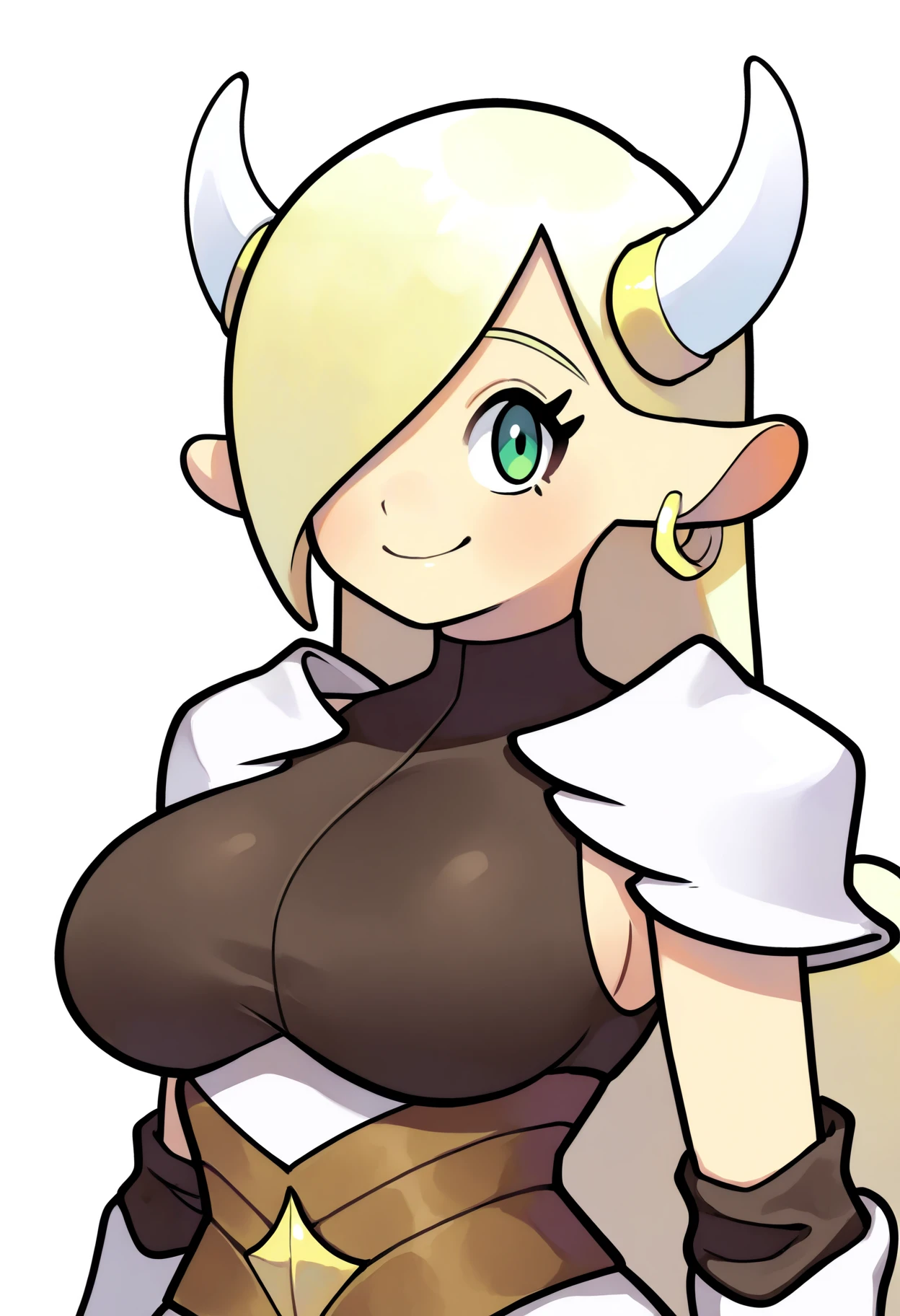 best quality, amazing quality, very aesthetic, absurdres,
1girl, mooladin, blonde hair, long hair, green eyes,hair over one eye,
cow girl, cow horns, earrings,
armor, shoulder armor, large breasts,
upper body,
smile, looking at viewer, simple background, white background, <lora:MooladinNoobXL_byKonan:1>