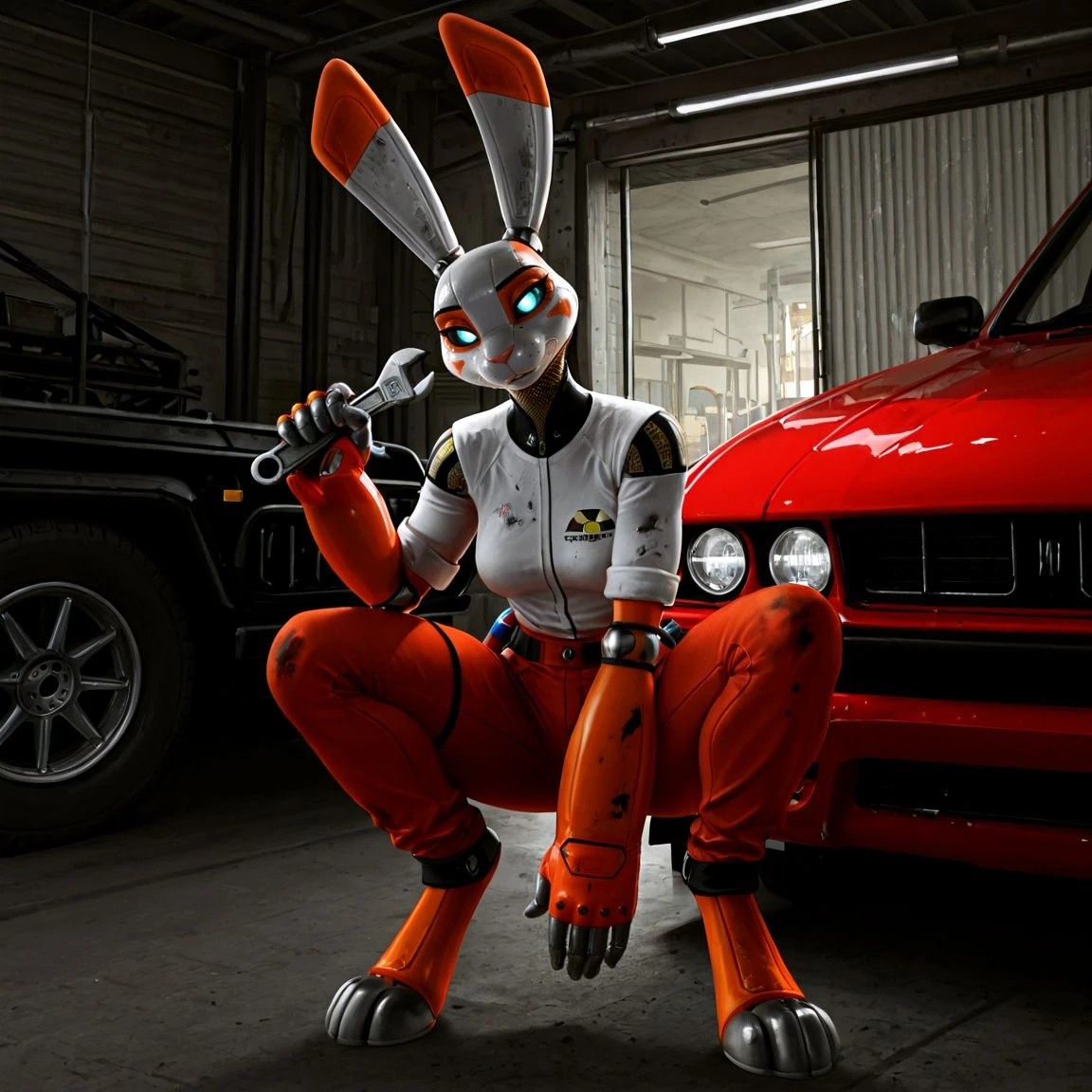 <lora:Gimbal:0.8> gimbal, furry female, animal ears, robot, robot joints, rabbit girl, black sclera, glowing eyes, blue eyes, white tshirt, trousers , grease stains, grease, holding wrench, crouching, garage, car, head tilt, looking at viewer,
BREAK
, detailed background,, highres, hi res, colored, high quality,