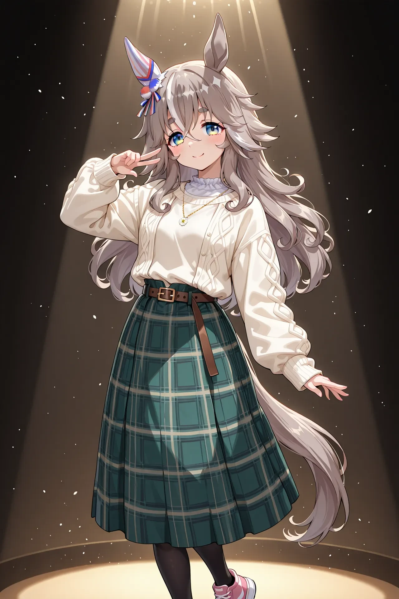 wonder acute \(umamusume\),horse ears,horse tail,horse girl,grey hair,bangs,multicolored hair,green eyes,blue eyes,streaked hair,very long hair,two-tone hair,long hair,white hair,hair between eyes,
casual,white shirt,necklace,long sleeves,white shirt,white sweater,belt,green skirt,plaid skirt,long skirt,black pantyhose,shoes,sneakers,<lora:Wonder_Acute:0.8>,, 1girl,solo,smile,looking at viewer,cowboy shot,pose,spotlight,