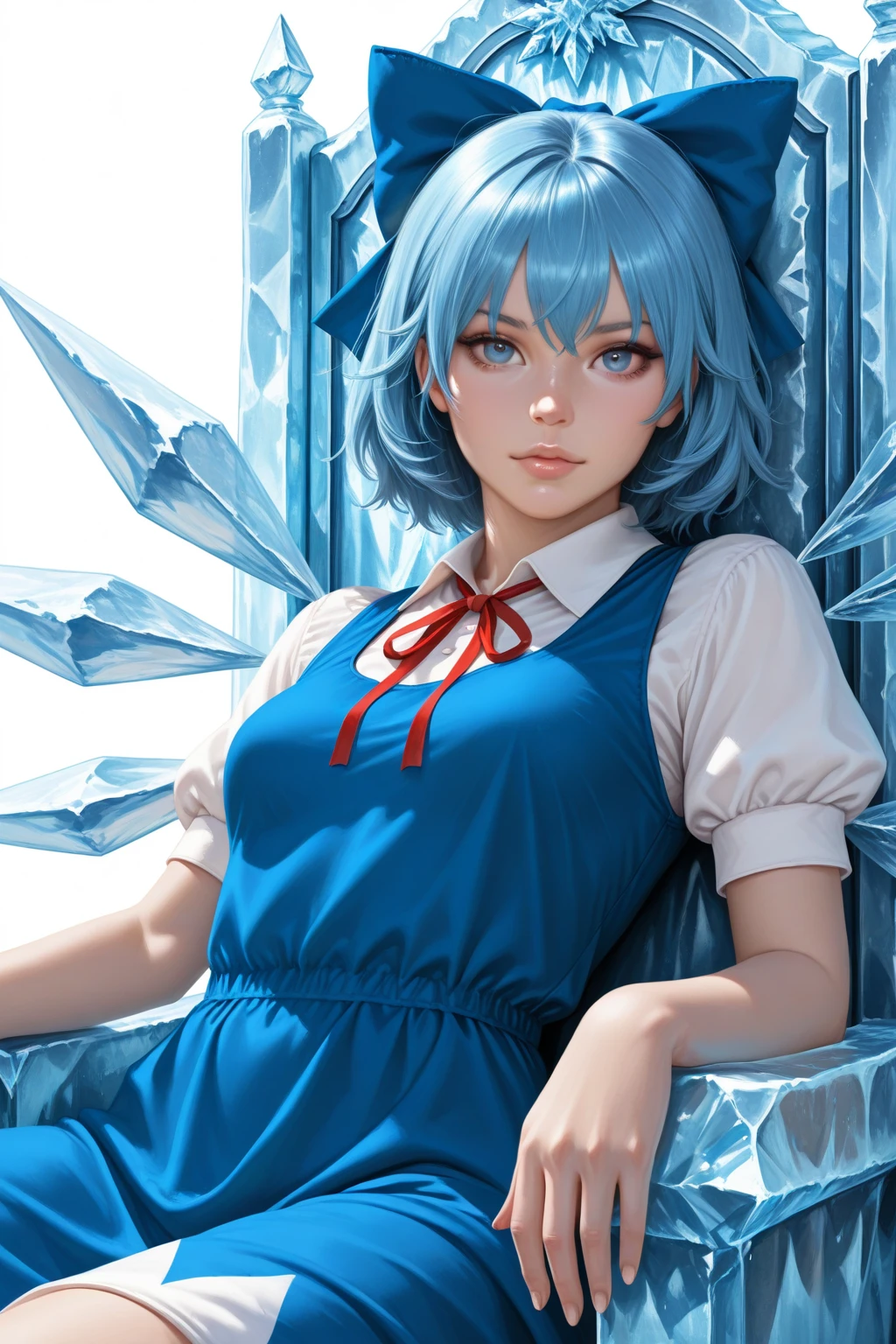 cirno, touhou, 1girl, aged up, blue eyes, blue hair, dress, ice, ice wings, lips, looking at viewer, realistic, ribbon, short hair, sitting on throne, solo, throne, wings, masterpiece, best quality