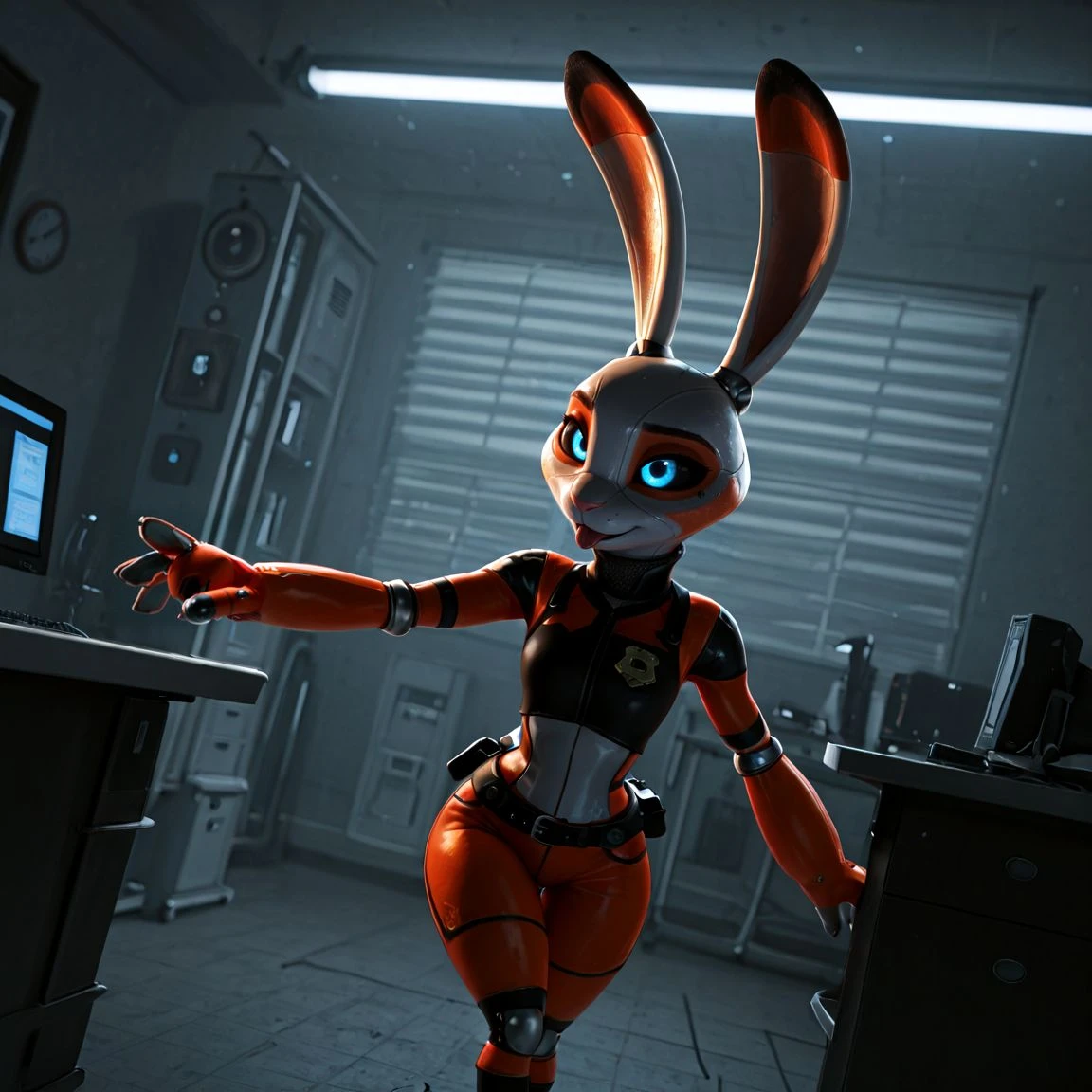 <lora:Gimbal:0.8> gimbal, furry female, animal ears, robot, robot joints, rabbit girl, black sclera, glowing eyes, blue eyes,shorts , semi-anthro, zootopia, Tongue out
BREAK
, detailed background, dynamic, office, highres, hi res, colored, high quality,