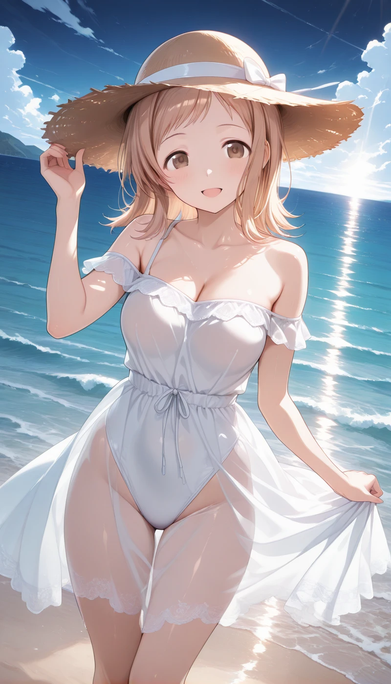 One Girl、Rem from Re:Zero、positive、Standing posture、Full body portrait、Medium Haircut、blush、Absolute area、No panties、No bra、barefoot、White dress、Off-the-shoulder dress、（Very large breasts）、Cleavage、((Lesbians around the world))、masterpiece、（highest quality）、barefoot、White Sandals、Bare your breasts、Seaside、Walking on the beach、Outdoor、Very short skirt、Thighs、Straw hat