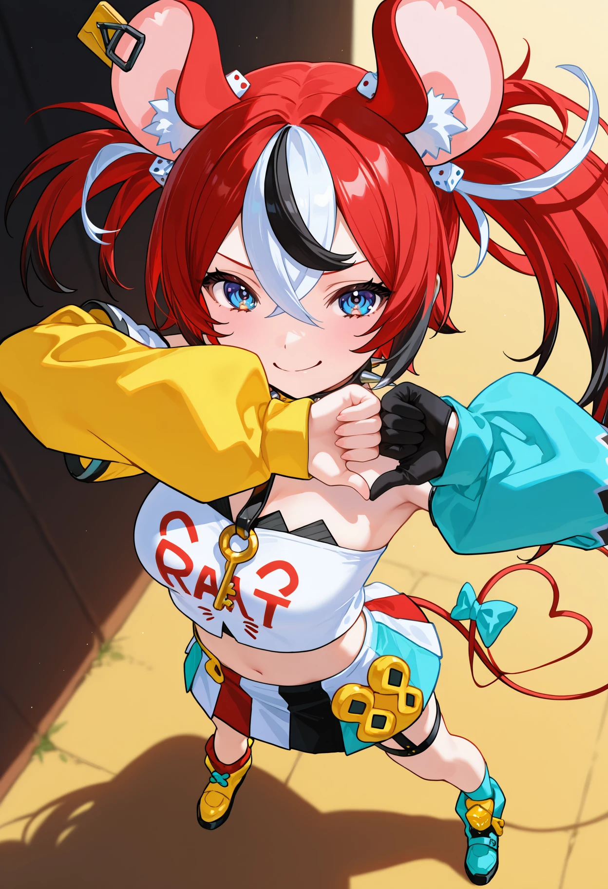 1girl, thumbs down heart hands, <lora:thumbs_down_heart_hands-06v2:1> <lora:ChamHakosBaelzNoob:1> B4elzDef, blue eyes, multicolored hair, red hair, white hair, black hair, uneven twintails, dice hair ornament, animal ears, tail, tail ornament, spiked collar, key necklace, strapless shirt, white shirt, clothes writing, detached sleeves, asymmetrical sleeves, two-tone sleeve, yellow sleeve, single glove, black glove, midriff, multicolored skirt, thigh strap, full body, foreshortening, from above, smile,