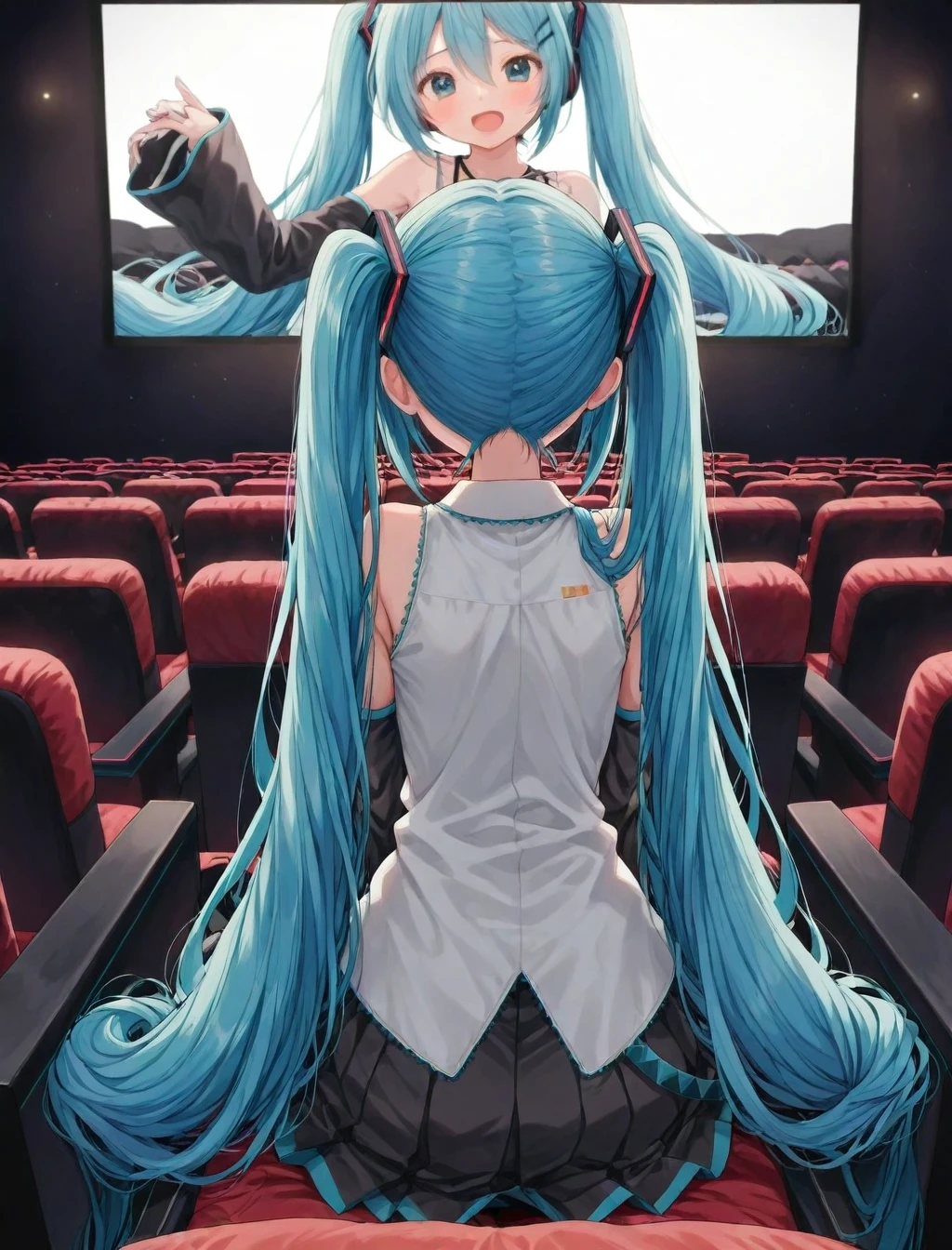 <lora:movie_theater_XL_illustrious-noob_v1:1> movie theater,1girl, hatsune miku, movie screen, from behind,, best quality, masterpiece, high quality, highres, absurdres ,<lora:NoobV065sHyperDmd:1>