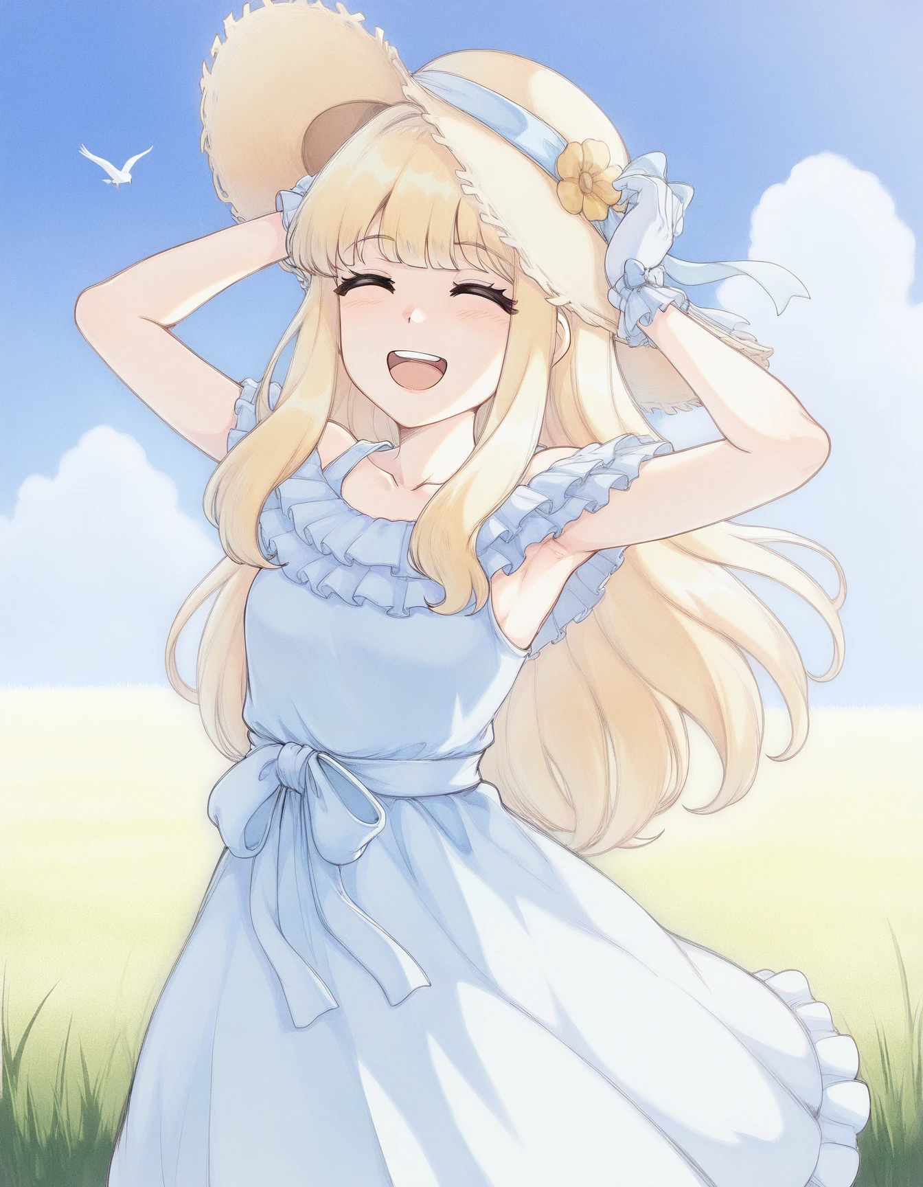 masterpiece, best quality,
mar1k0, long blonde hair, frilly light blue dress, exposed shoulder, white gloves,
text, smile, open mouth, hat, standing, collarbone, closed eyes, flower, :d, outdoors, sky, sleeveless, day, cloud, armpits, arms up, blue sky, sleeveless dress, bird, upper teeth only, happy, cover, grass, headwear removed, sun hat, hat removed, straw hat, sundress, field
<lora:mar1k0-vkstickrs_il:0.9>