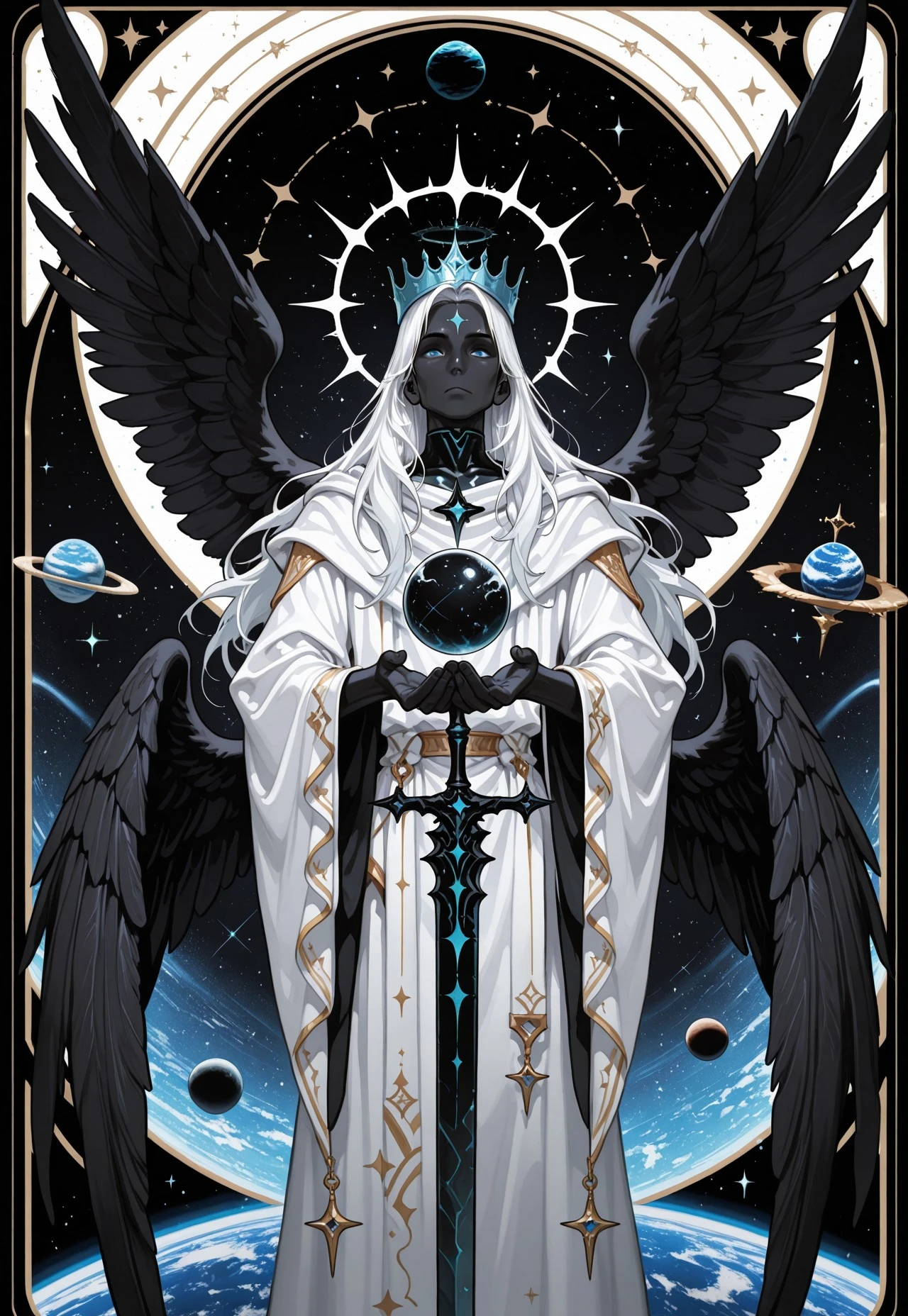 masterpiece, best quality, F4UX-T4R0T Style, wings, solo, white hair, male focus, 1boy, black wings, robe, crown, long hair, weapon, halo, sword, planet, orb, star (sky), white robe, black skin, feathered wings, holding, dark skin, colored skin, wide sleeves, feet out of frame, blue eyes, standing, long sleeves, multiple wings, looking at viewer, starry sky, angel, art nouveau, belle epoque, tarot card