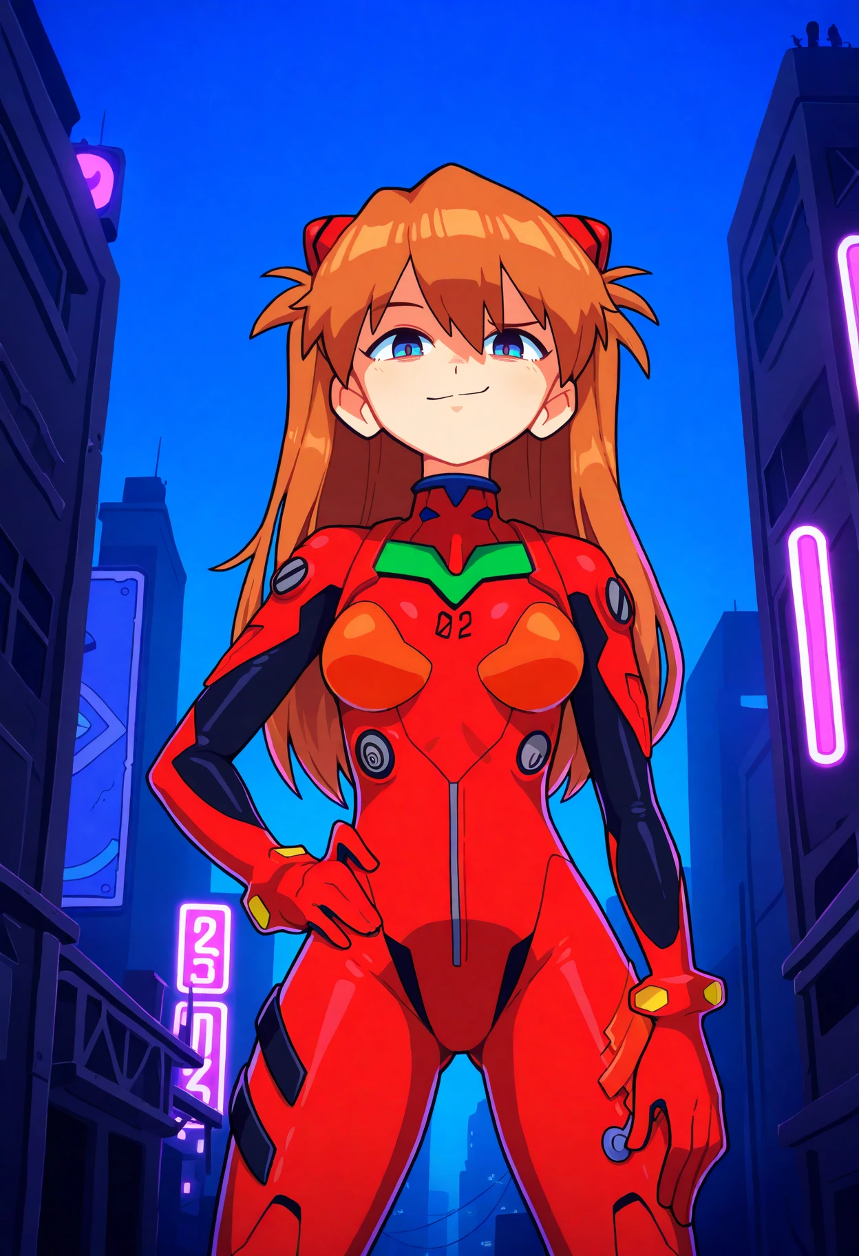 best quality, amazing quality, very aesthetic, absurdres,
1girl, asuka langley, red plugsuit, standing, smug, looking at viewer, futuristic background, neon light , buildings, night, <lora:GaziterNoob_byKonan:1>