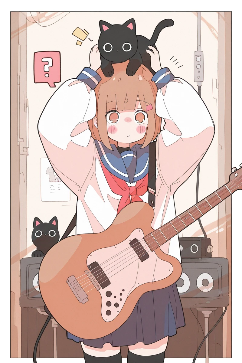 masterpiece, best quality, amazing quality,
 <lora:Haru579_IL:1> harust, 1girl, black cat, ?, cat, long sleeves, instrument, guitar, sailor collar, solo, skirt, thighhighs, white shirt, shirt, neckerchief, puffy long sleeves, blue sailor collar, brown hair, arms up, red neckerchief, bangs, blush, brown eyes, cowboy shot, black thighhighs, hairclip
