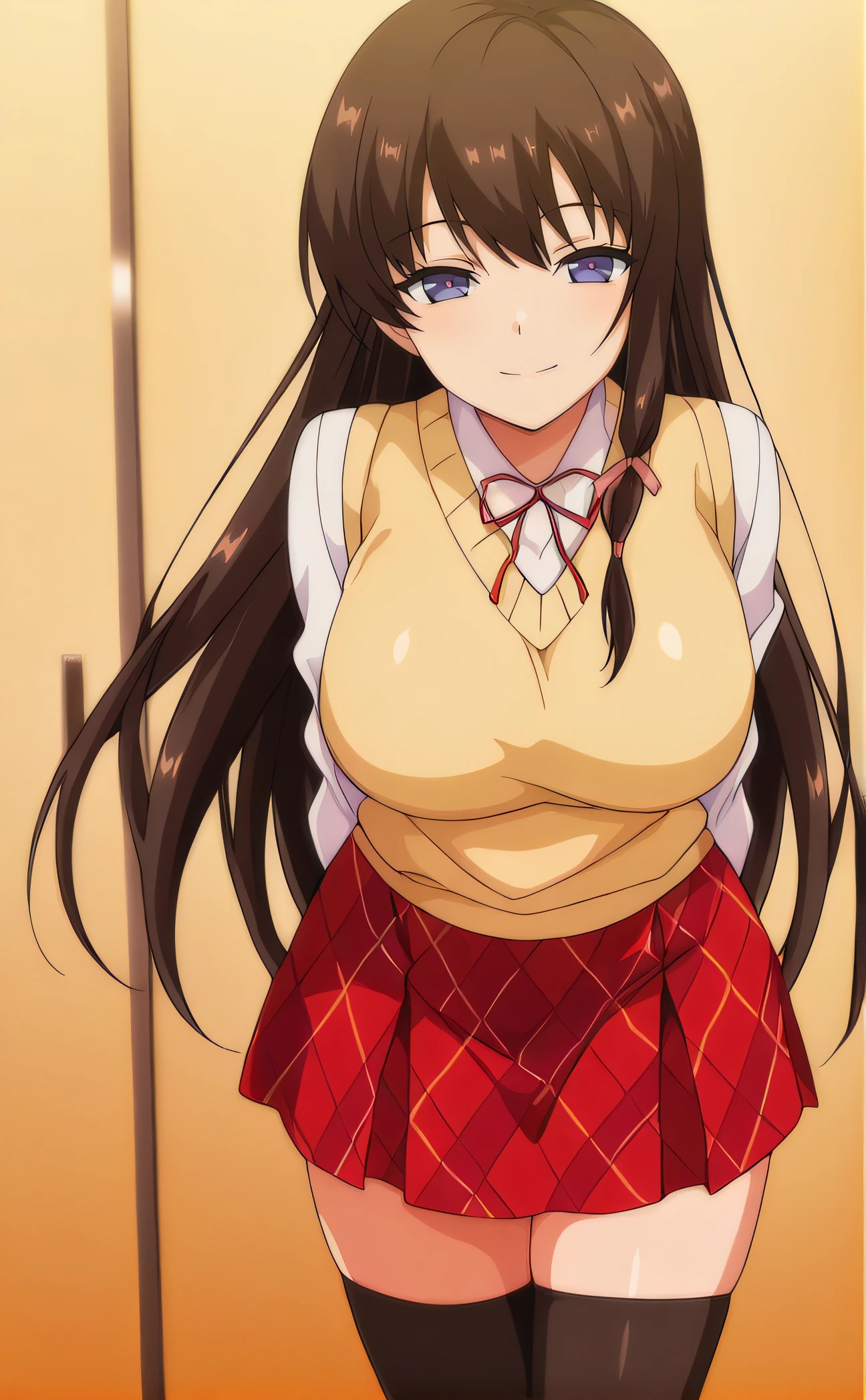 areolae asian asian_female bangs black_long_curly_hair bowtie curvy_body female female_only large_breasts minato_asahi_(grigio) nipples orange_eyes solo_female thick_thighs pleasure nsfw
