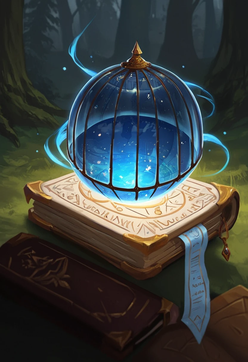 masterpiece, best quality, dnd item, book, magic, dome, trees