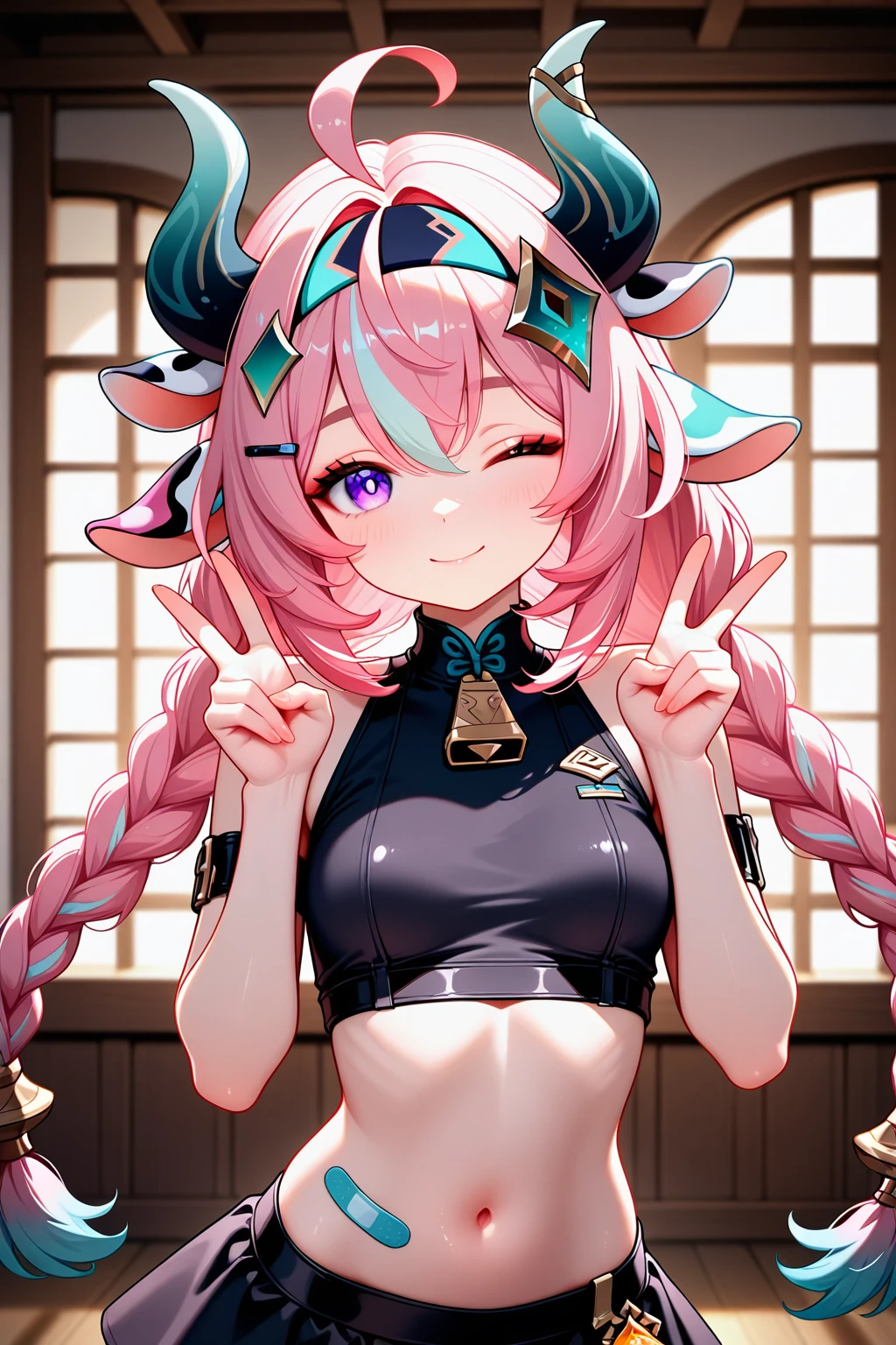 masterpiece, best quality, upper body, indoors, cinematic lighting, amazing quality, very aesthetic, absurdres, best quality, 4k, upscale, varesa (genshin impact), 1girl, solo, horns, pink hair, skirt, ahoge, animal ears, navel, purple eyes, bandaid, long hair, braid, black skirt, multicolored hair, smile, double v, twin braids, looking at viewer, midriff, bangs, hairband, cow horns, hair ornament, cow ears, wink