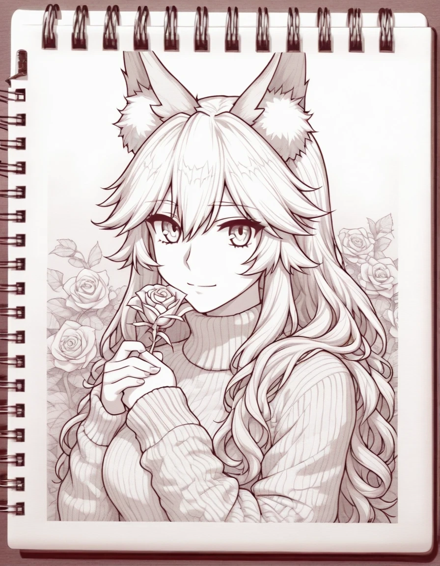 <lora:illustriousXLv01_stabilizer_v1.165c:0.8>pencil art on notebook,pencil on paper,wooden surface,1girl,fox ears,tamamo \(fate\),light smile,long hair,sweater,portrait,holding rose flower,monochrome,masterpiece,
