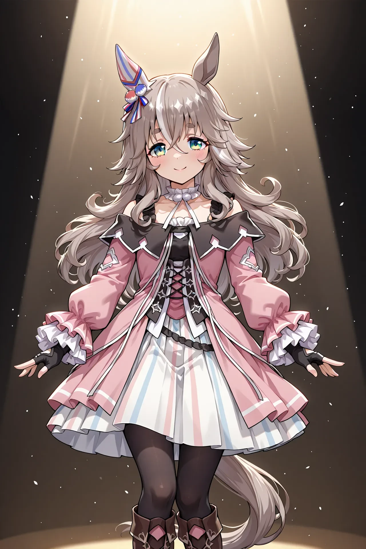 wonder acute \(umamusume\),horse ears,horse tail,horse girl,grey hair,bangs,multicolored hair,green eyes,blue eyes,streaked hair,very long hair,two-tone hair,long hair,white hair,hair between eyes,
choker,black gloves,fingerless gloves,detached sleeves,puffy long sleeves,frilled sleeves,pink dress,frills,pink jacket,striped skirt,pantyhose,brown footwear,knee boots,high heel boots,<lora:Wonder_Acute:0.8>,, 1girl,solo,smile,looking at viewer,cowboy shot,pose,spotlight,