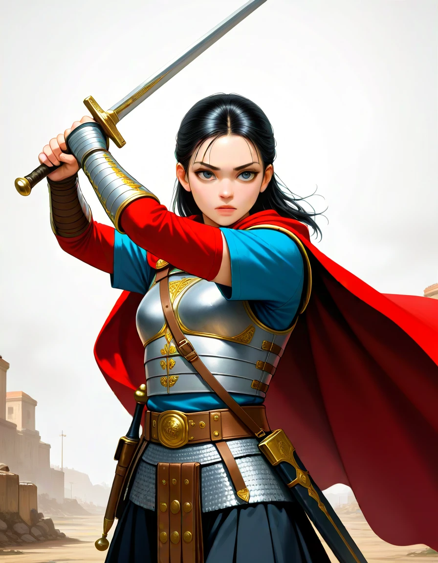 masterpiece, best_quality, very_aesthetic, highres, absurdres, ultra detailed,
<lora:negXL:0.5> <lora:RomanLegionary_IL:0.9>
romanlegionary, armor, weapon, holding, holding weapon, sheath, breastplate, cape, chainmail
holding sword,
1girl,
upper body,
dynamic pose,
simple background,
Oil paint,anime screenshot,
, multiple-tonbackground ,
,vivid colors, ,
Three-quarter shot,