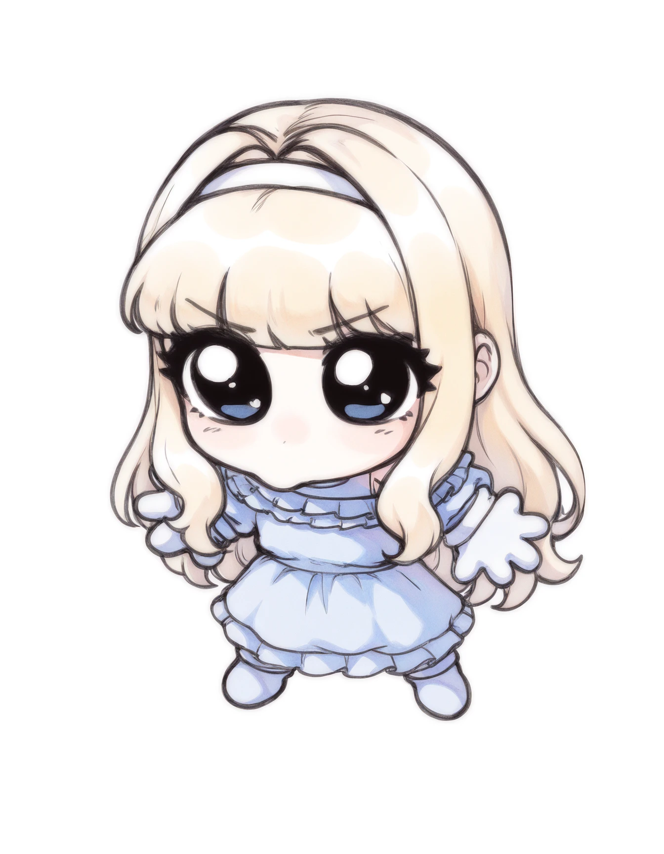 masterpiece, best quality,
mar1k0, long blonde hair, frilly light blue dress, exposed shoulder, white gloves, blue dress, 4 fingers
mikus-concept, full body, chibi, white background
<lora:silly-guy-il:1>
<lora:mar1k0-vkstickrs_il:0.9>