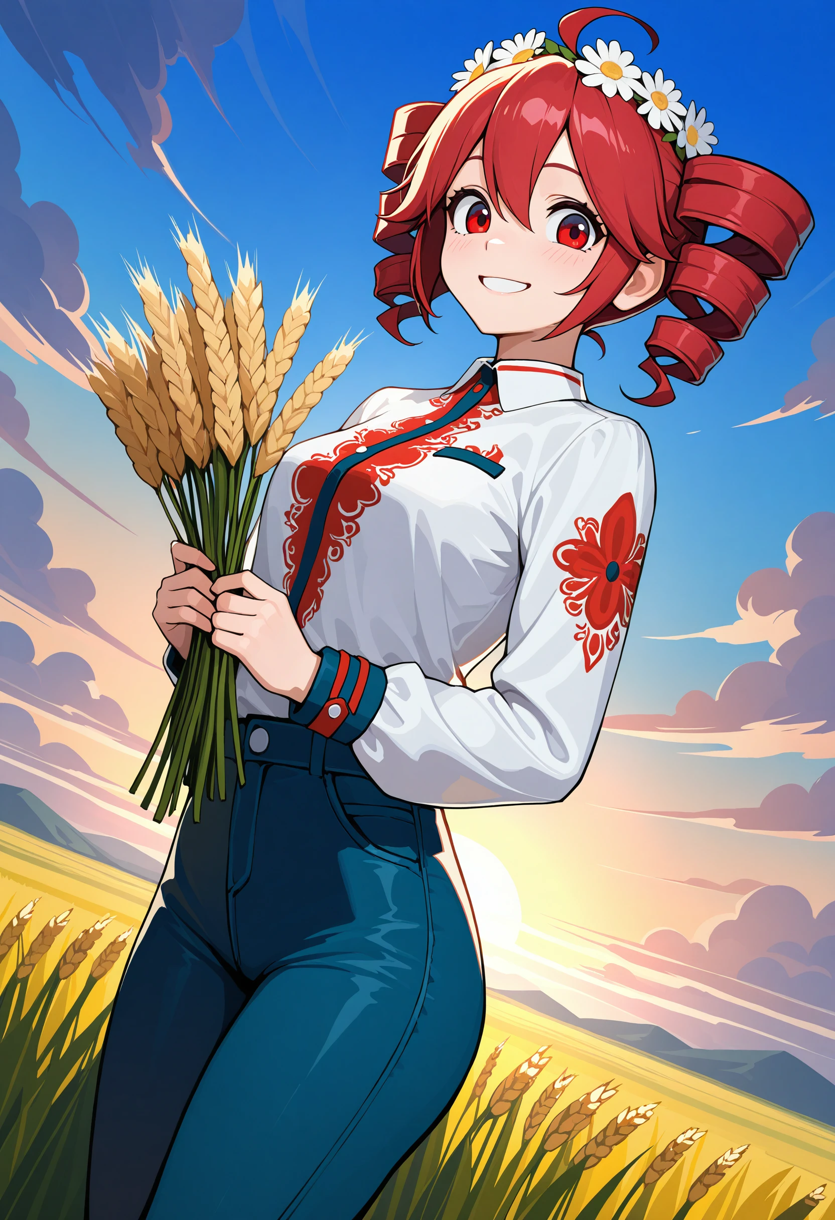<lora:vyshyvanka_Illustrious_Mlaofmd-10:1.0>, masterpiece, best quality, newest, absurdres, highres, perfect anatomy, 1girl, kasane teto, red hair, red eyes, flowers on head, head wreath, vyshyvanka, white shirt, long sleeves, red pattern, blue pants, looking at viewer, smile, happy, holding wheat,, sunset, wheat field, detailed background, from below, dutch angle