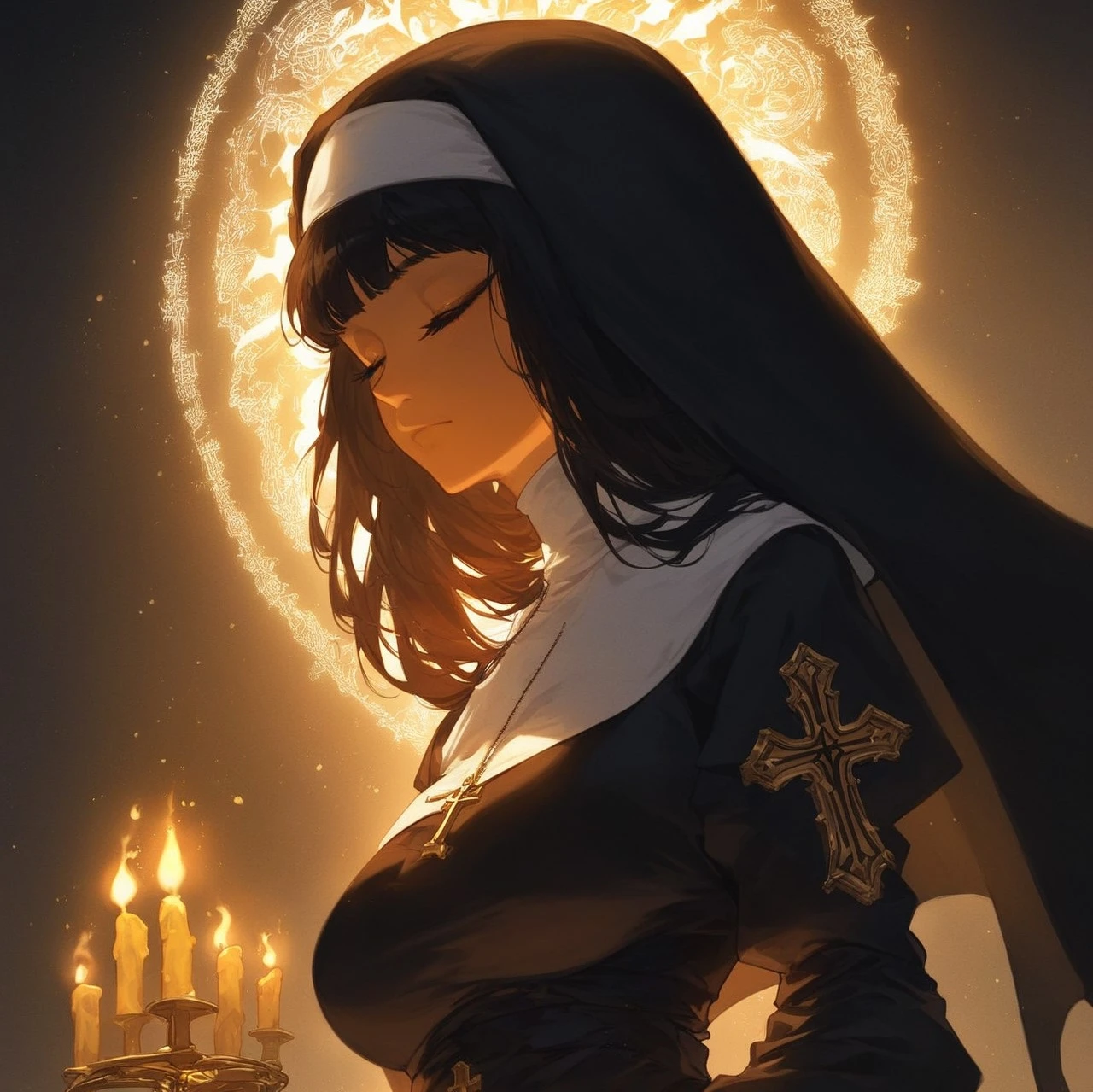 score_9, score_8_up, (( nun cute petite young)), dark theme, character focus:1.1, (dynamic angle:1.2), high resolution, 8k, sharp, a cute girl, cute eyes, detail eyes, (large breasts), slender, (pale skin:0.8), cowboy shot, (dutch angle:1.2), dynamic pose, god rays, light, gold and black skin, sky, glowing, glowing eyes, black hair, nun, fantasy inspired, dark mood, low key, cinematic
Unfazedfantasii
mystical woman, serene expression, eyes closed, dark hooded cloak, glossy fabric, reflective cloak, glowing golden halo, ethereal light, candlelit face, ornate candles, dripping wax, floral neck tattoo, gothic layered necklaces, gothic crosses, dimly lit forest, hanging lanterns, magical atmosphere, floating embers, fire sparks, cinematic lighting, soft glow, dramatic lighting, highly detailed, fantasy art, mystical mood, dark fantasy aesthetic