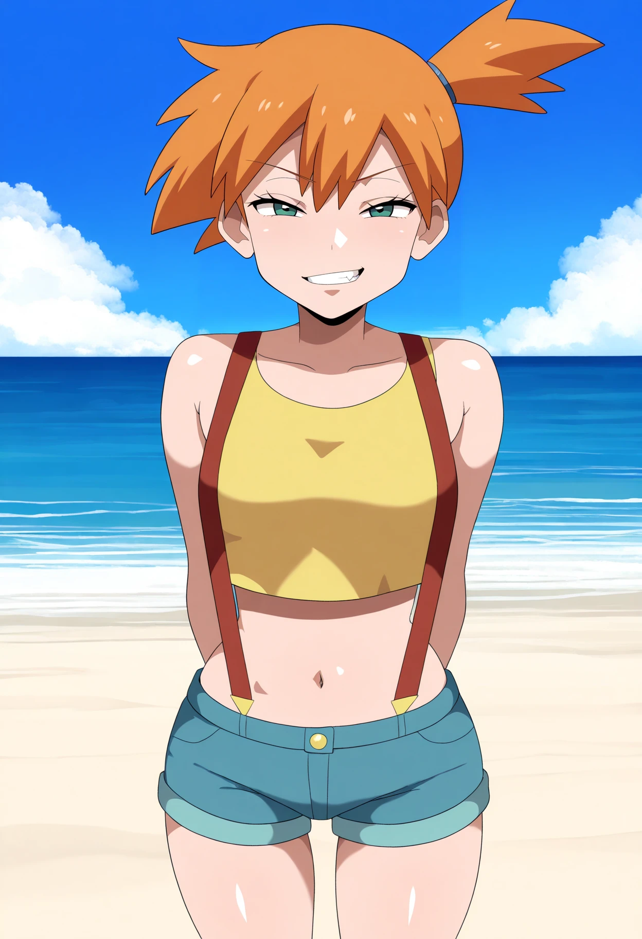 best quality, amazing quality, very aesthetic, absurdres,
1girl, misty \(pokemon\), orange hair, side ponytail, yellow crop top, short shorts, suspenders, looking at viewer, smirk, standing,
sand, sea, blue sky, tropical island background <lora:GeafcartNoob_byKonan:1>