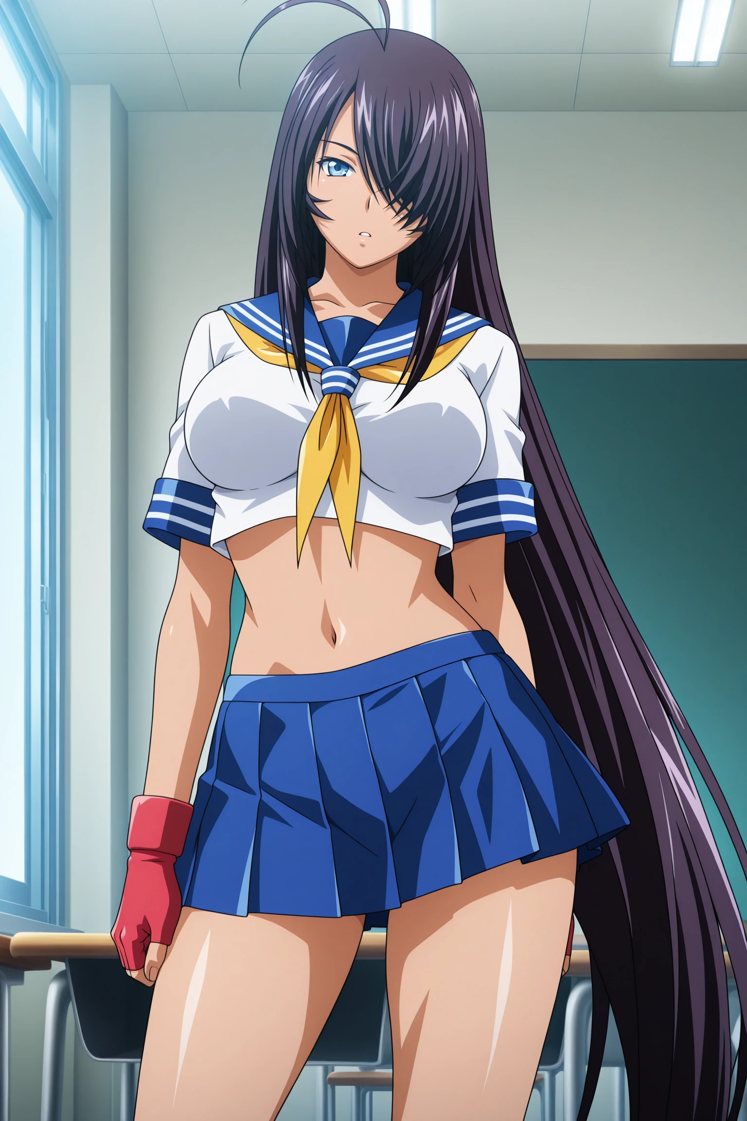 Mizushima Asa, a busty beauty with beautiful legs, is wearing a miniskirt uniform and her light blue and blue striped panties are boldly visible as she confronts an office worker on the bus.。