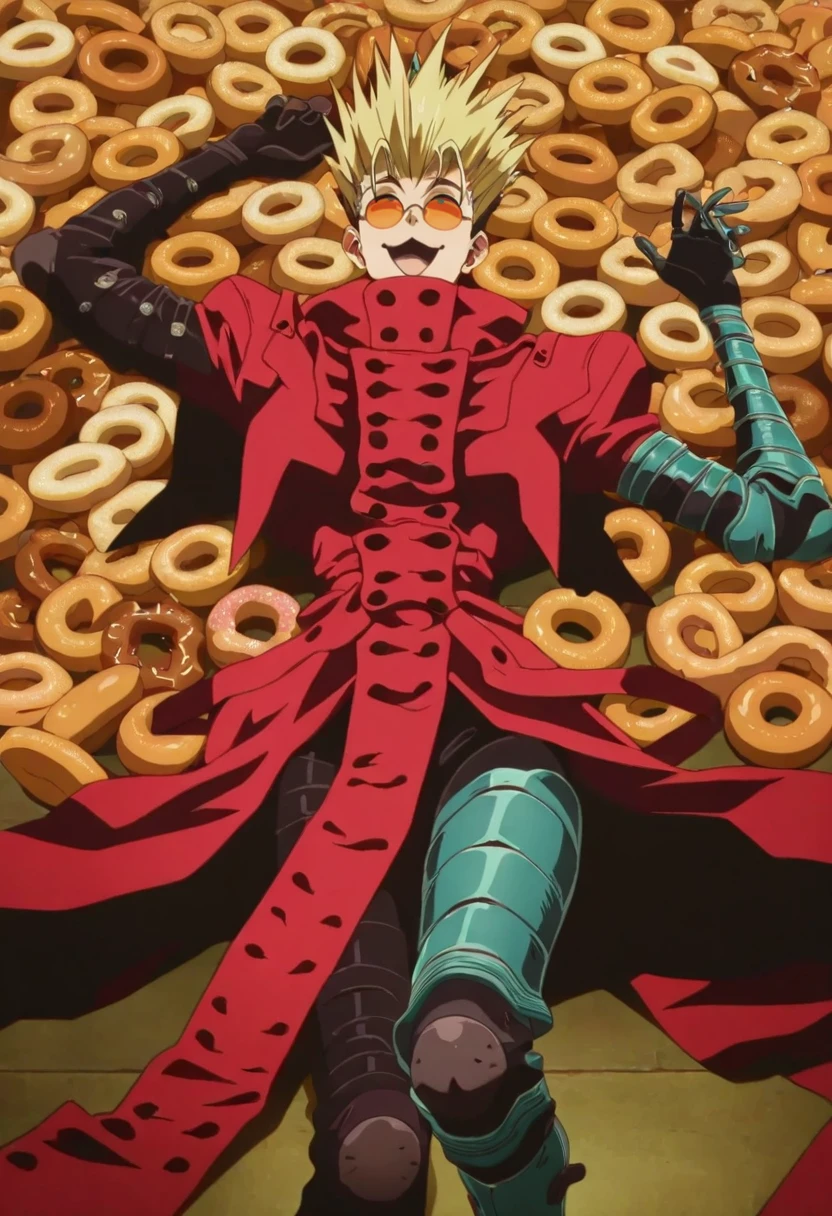, masterpiece,best quality,amazing quality, anime screenshot <lora:Vash_the_Stampede:1> 1boy, solo, VshV1, vash the stampede, black gloves, orange tinted eyewear, red coat, too_many donuts, on back, pile_of donut, :3, open_mouth, on floor,