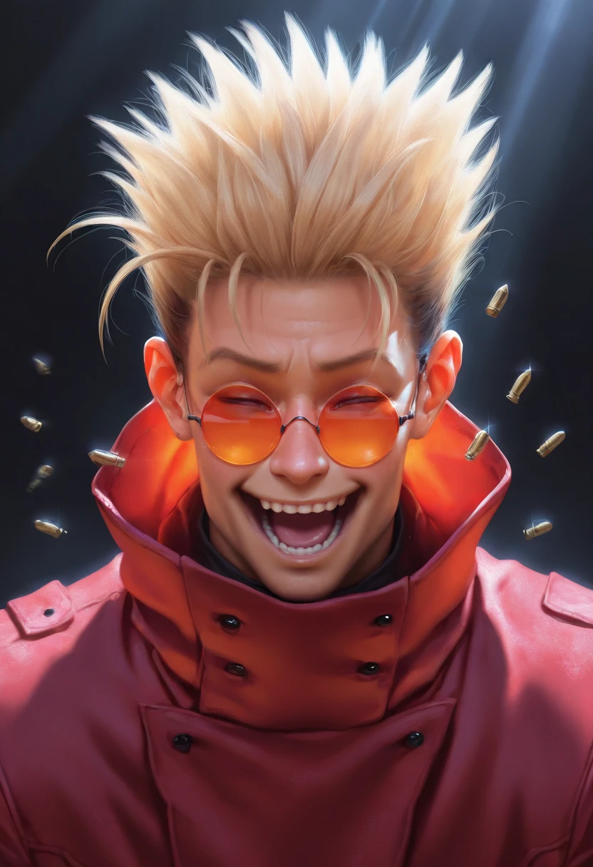, masterpiece,best quality,amazing quality, realistic, photorealistic, <lora:Vash_the_Stampede:1> 1boy, solo, VshV1, orange tinted eyewear, red coat, laughing, black background, simple background, raing of bullets, light rays,
