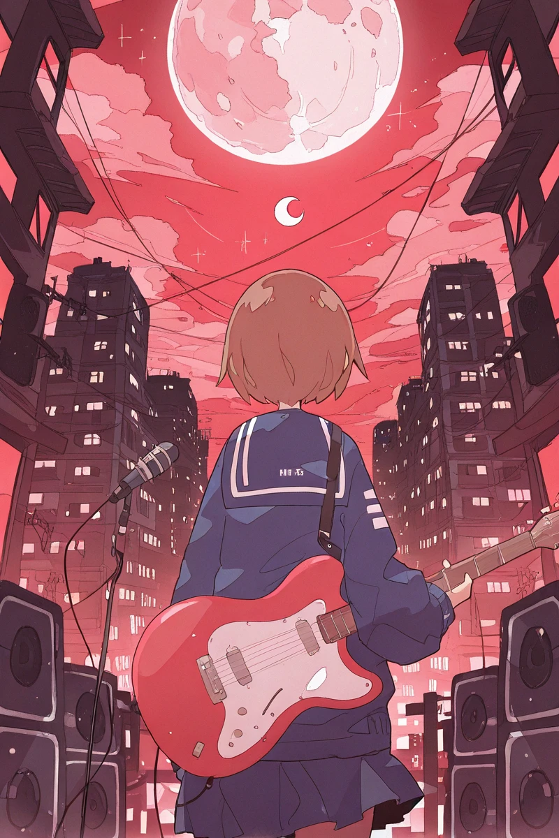 masterpiece, best quality, amazing quality,
<lora:Haru579_IL:1> harust, guitar, 1girl, instrument, solo, from behind, moon, brown hair, sailor collar, short hair, skirt, red sky, cloud, blue sailor collar, electric guitar, sky, blue skirt, facing away, long sleeves, full moon, microphone, building, holding, school uniform, hood, cover