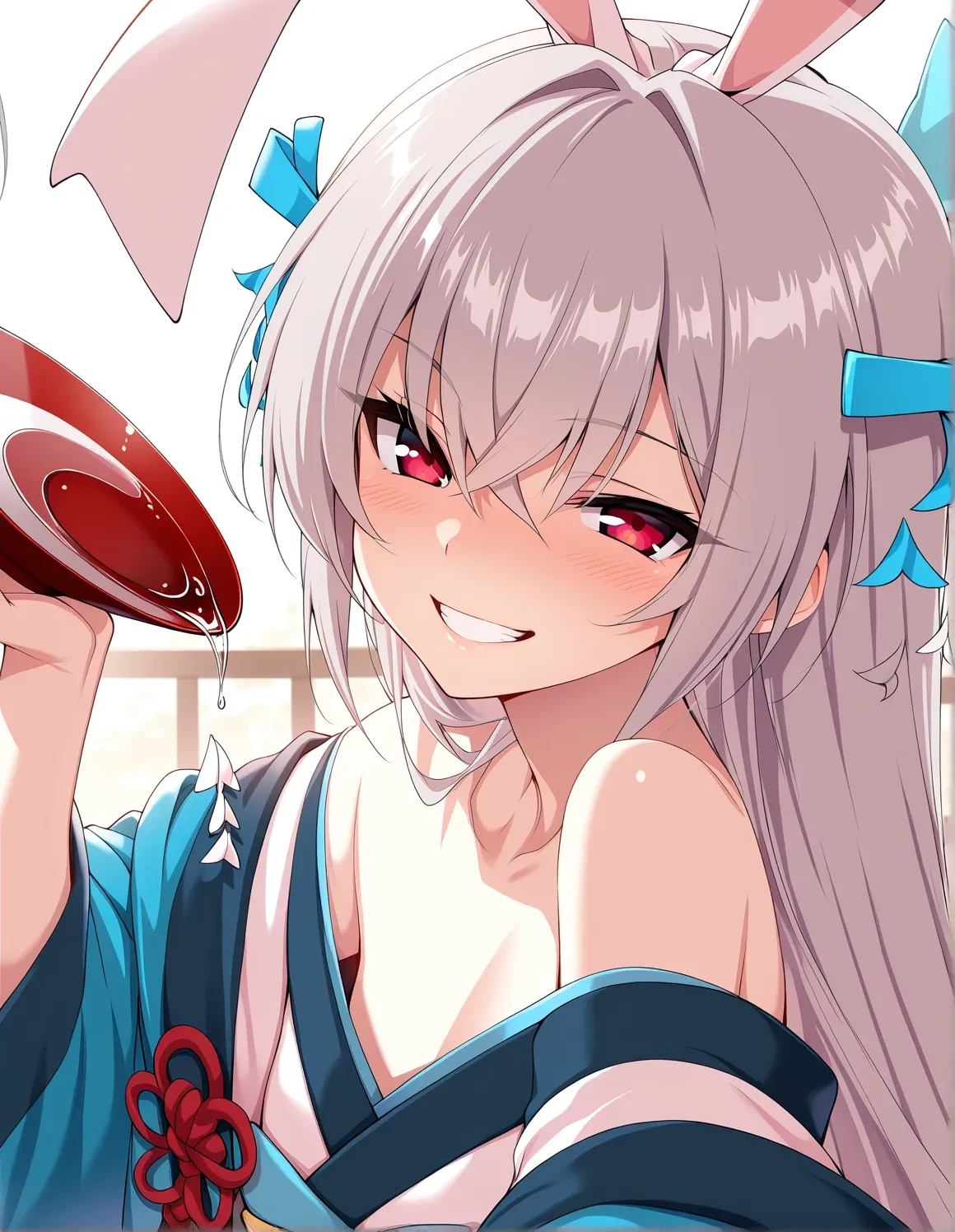 masterpiece,best quality,very aesthetic,highres,<lora:SKussssssan_ilv1>,sk544y4,1girl,solo,rabbit ears,off shoulder,looking at viewer,wide sleeves,grey hair,red eyes,solo focus,kimono,portrait,grin,sake,