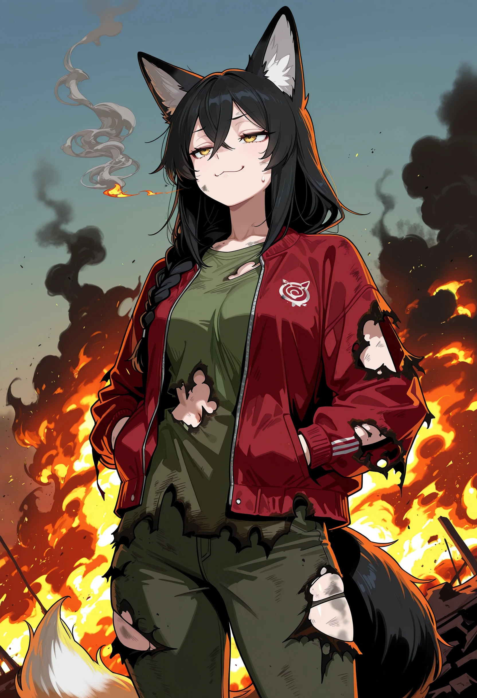 masterpiece,best quality,amazing quality,1girl, fox girl, black hair, gold eyes, worried, sweatdrop, dirty, smoke, burnt clothes, t-shirt, destroyed clothes, hands in pockets, fire, : 3, fox tail, long hair, smug, braided hair, (red jacket:1.1), torn shrit, green shirt, sky, hair between eyes, torn clothes, pants
<lora:Torn Burnt Clothes (Illustrious) v1:0.9>