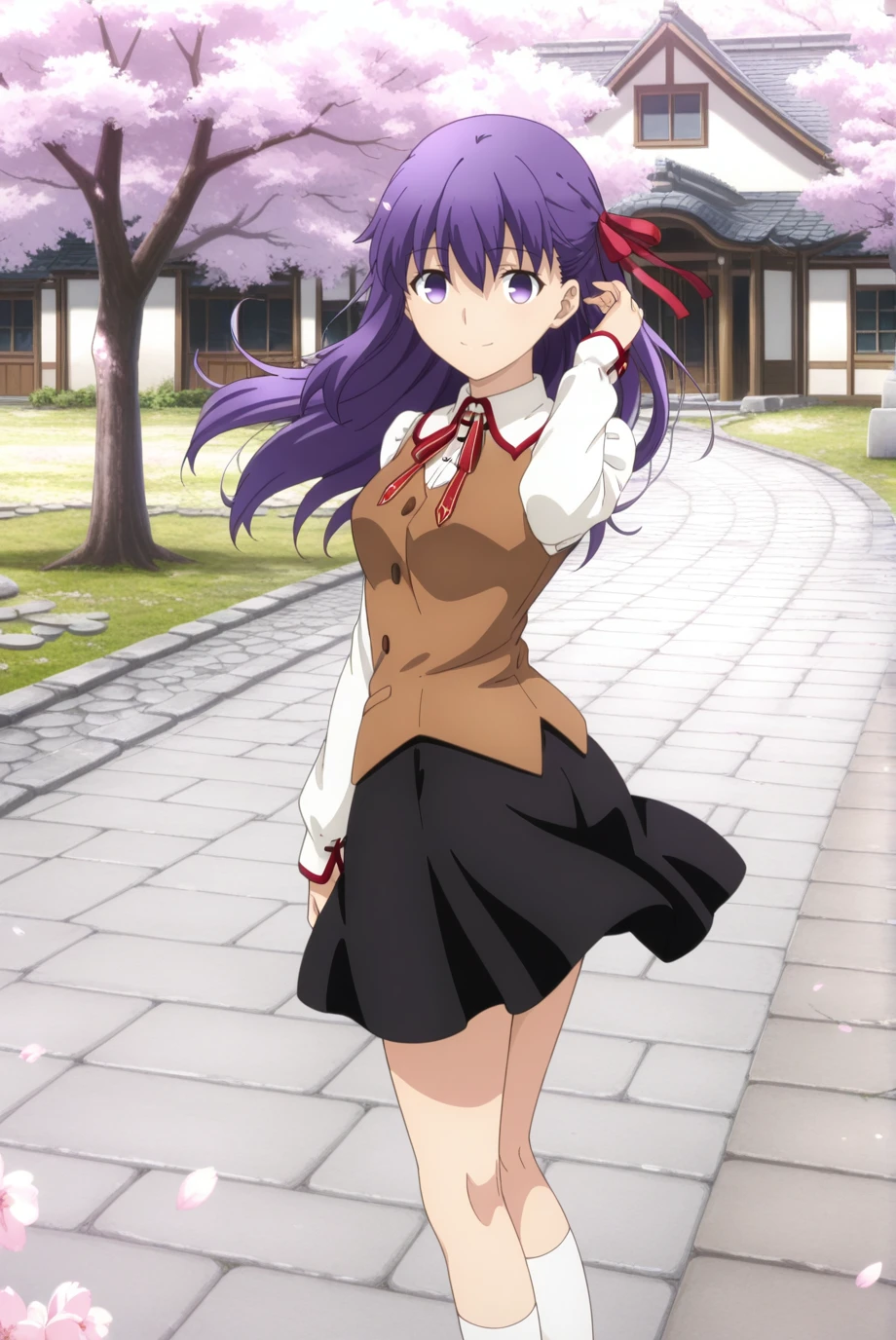 absurdres, masterpiece, best quality, very aesthetic, 1girl, solo,
<lora:SakuraMatou-IL-v1-08:0.9>, ChopioSakuraMatou, long hair, purple hair, hair between eyes, purple eyes, no pupils, red ribbon, hair ribbon, looking at viewer,
anime coloring,
outfit_1, collared shirt, white collar, red neck ribbon, brown vest, long sleeves, black skirt, white socks, knee socks,
school, stone path, outdoors, standing, twisted torso, standing, smile, cherry blossoms, building, adjusting hair, floating hair, arm at side,