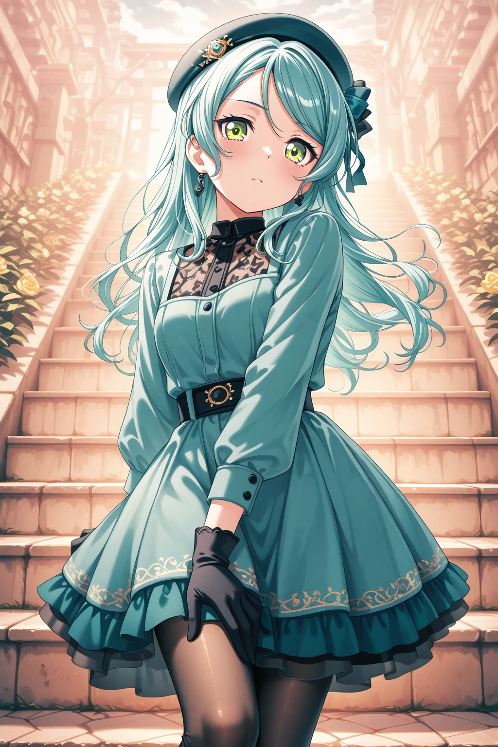 masterpiece, best quality, amazing quality, 1girl, solo, makeup, general, looking at viewer, blush, highres, cowboy shot, cloudy sky, stairs, looking to the side, crossed legs, hand on own knee, sunlight, flower, jewelry, relaxed, elegant, <lora:Hikawa_Sayo_Ban_Dori:1>, Hikawa_Sayo_Ban_Dori, long hair, aqua hair, green eyes, swept bangs, frilled dress, pantyhose, boots, beret, gloves, <lora:wai-2Rectified-V140:1>, <lora:illustrious_noobai_epsilon_pred_1_masterpieces_v1:1>