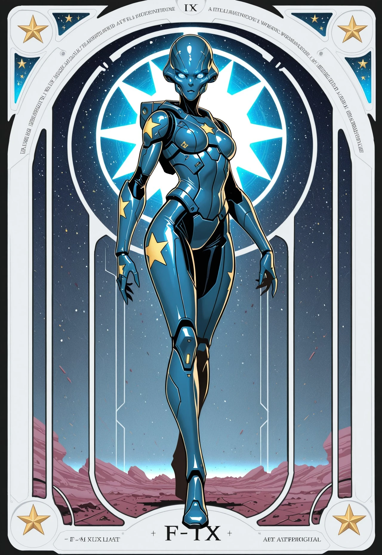 masterpiece, best quality, F4UX-T4R0T Style, solo, blue eyes, star (symbol), glowing, science fiction, alien, looking at viewer, glowing eyes, animification, full body, art nouveau, belle epoque, tarot card