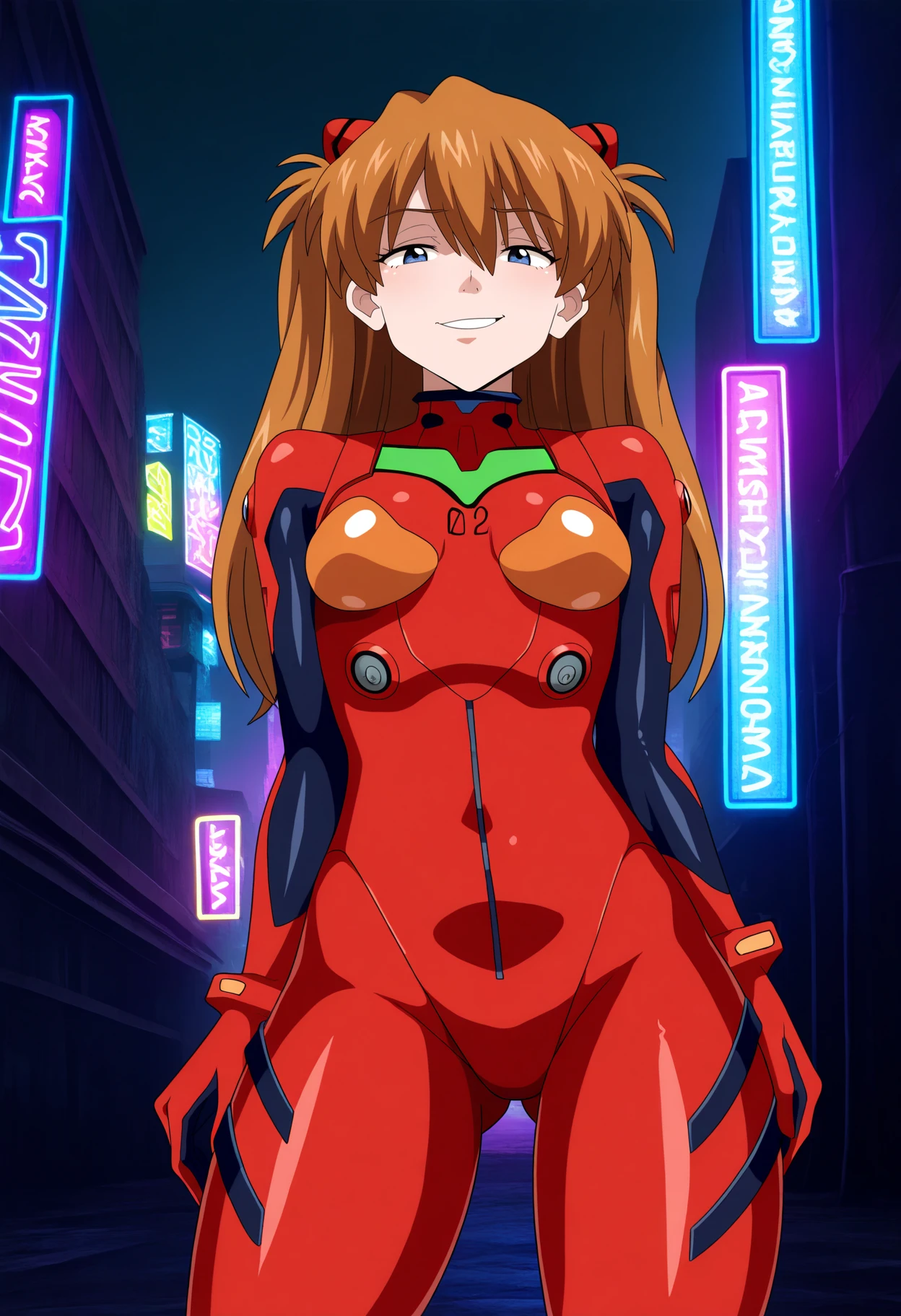 best quality, amazing quality, very aesthetic, absurdres,
1girl, asuka langley, red plugsuit, standing, smug, looking at viewer, futuristic background, neon light , buildings, night <lora:GeafcartNoob_byKonan:1>
