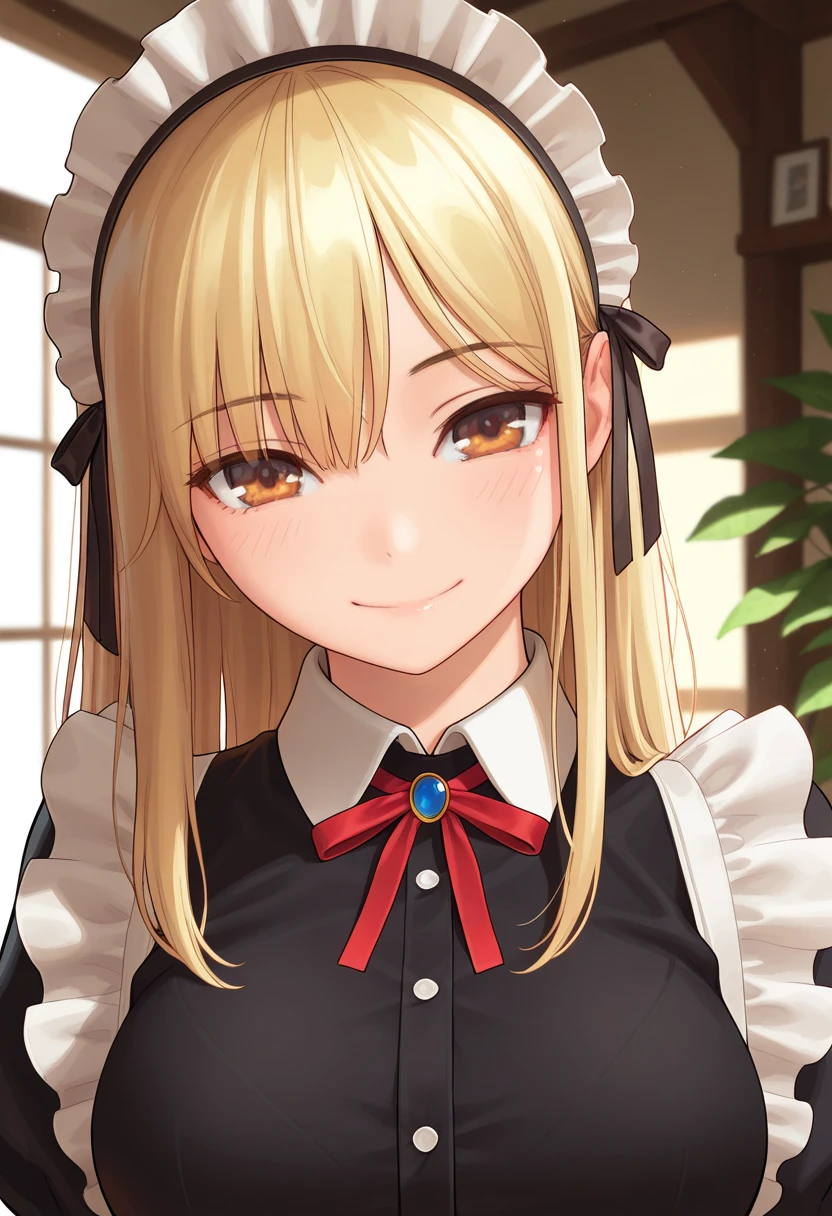 Best quality , masterpiece, Portrait、、Bright expression、ponytail、Young, shiny, white, glossy skin、Gloss Face、Shining Cheek Gloss、(Small Face Beauty:1.1)、The best beauty、The dazzling light of blonde hair、Bright blonde hair with dazzling highlights、Very beautiful shiny light blonde hair、super long silky straight hair、Her shiny, beautiful bangs are covering her eyes.、Sparkling, clear, attractive, bright, large, pale blue eyes、Very big eyes、eyeliner、very beautiful lovely cute 16 year old girl、Ample Bust, upper body , (smile) ,beautiful bangs are covering her eyes,  ((((chef ))))