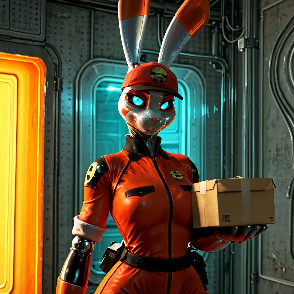 <lora:Gimbal:0.8> gimbal, furry female, animal ears, robot, robot joints, rabbit girl, black sclera, glowing eyes, blue eyes, jumpsuit, hat , postal delivery, holding package, close-up,
BREAK
, detailed background,, highres, hi res, colored, high quality,