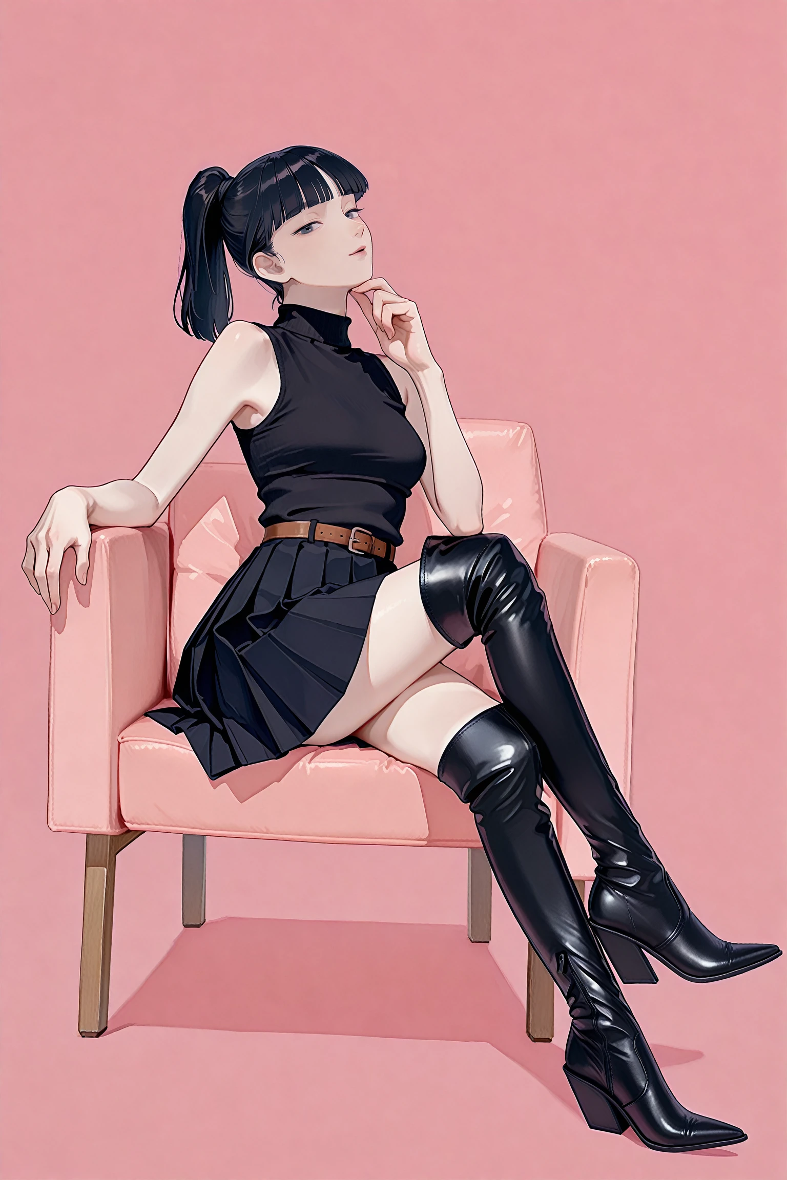 tonarino826,n0rakura,full body,simple background,pink background,from side,three quarter view,
1girl,mature female,slender female,skinny,narrow waist,
black hair,blunt bangs,high ponytail,contrapposto,looking at viewer,sitting,on chair,armchair,crossed legs,knee up,hand on own chin,relaxing,seductive,
sleeveless,turtleneck,black skirt,pleated skirt,belt,zaracbb,thigh boots,boots,high heel boots,black footwear,leather boots,
masterpiece,best quality,amazing quality,very aesthetic,<lora:Tonarino826_ILL:1>,<lora:NorakuraILL_epoch_10:0.7>,<lora:ZaraCBBILL:1>,