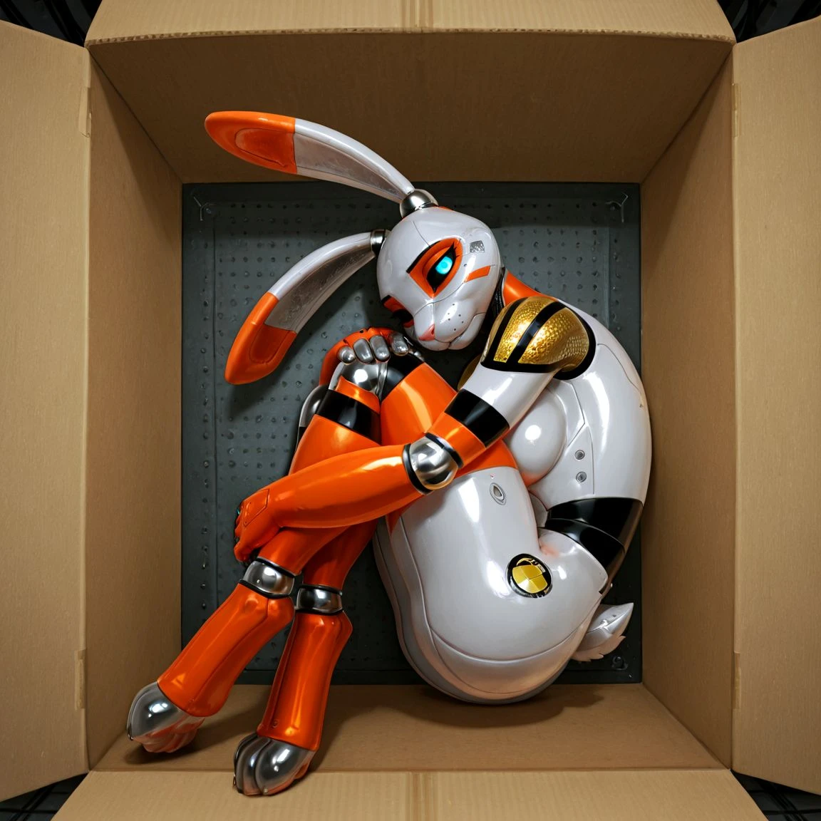 <lora:Gimbal:0.8> gimbal, furry female, animal ears, robot, robot joints, rabbit girl, black sclera, glowing eyes, blue eyes,fetal position, inside box, eyes closed,
BREAK
, detailed background,, highres, hi res, colored, high quality,