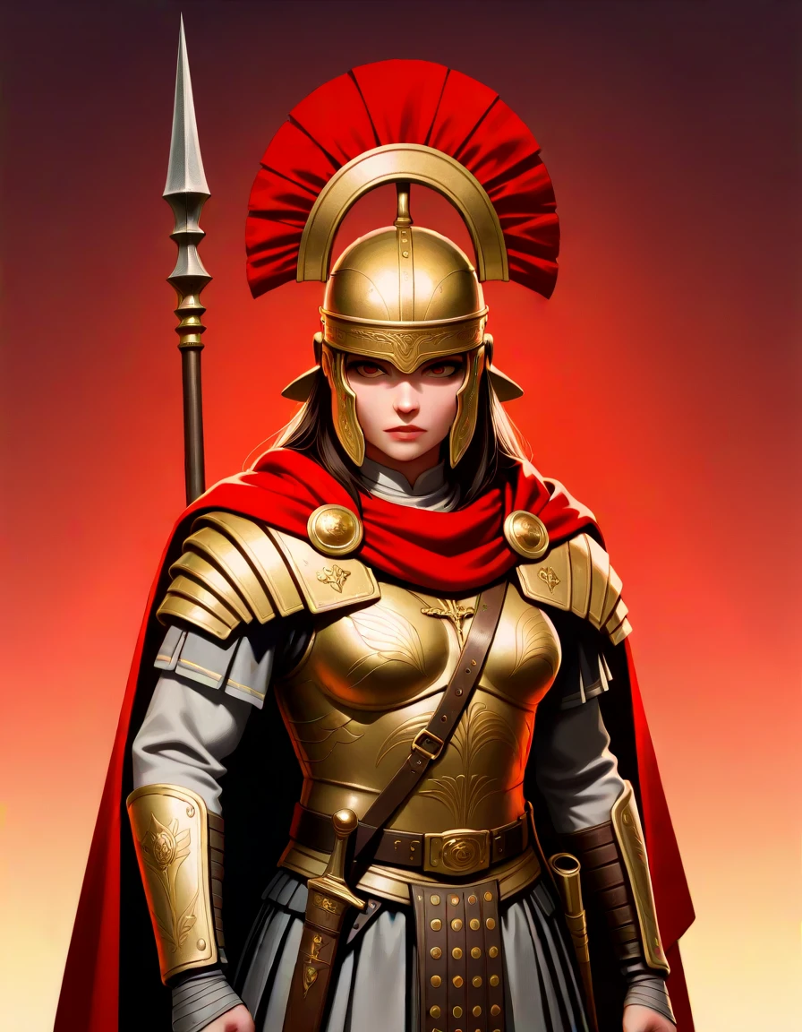 masterpiece, best_quality, very_aesthetic, highres, absurdres, ultra detailed,
<lora:negXL:0.5> <lora:RomanLegionary_IL:1> romanlegionary, armor, weapon, holding, holding weapon, sheath, breastplate, cape, chainmail
holding polearm,
1girl, upper body,
holding weapon,
indoors,
Gouache
, gradient background , ,dynamic visul, Indian red theme,grey trim
,limited palette, , Long shot,
