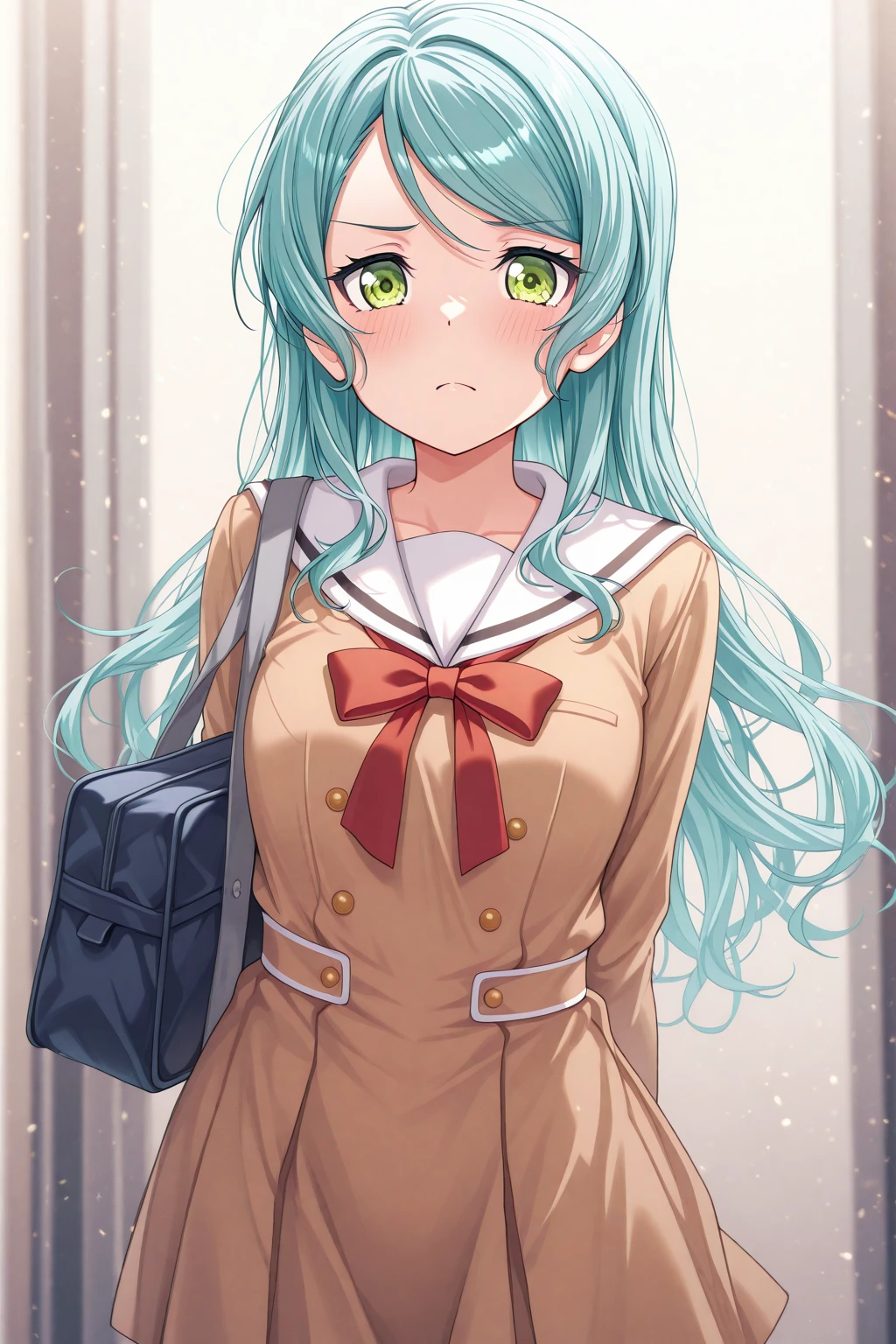 masterpiece, best quality, amazing quality, 1girl, solo, makeup, general, looking at viewer, blush, highres, cowboy shot, holding school bag, frown, <lora:Hikawa_Sayo_Ban_Dori:1>, Hikawa_Sayo_Ban_Dori, long hair, aqua hair, green eyes, swept bangs, hanasakigawa school uniform, red bowtie, <lora:wai-2Rectified-V140:1>, <lora:illustrious_noobai_epsilon_pred_1_masterpieces_v1:1>