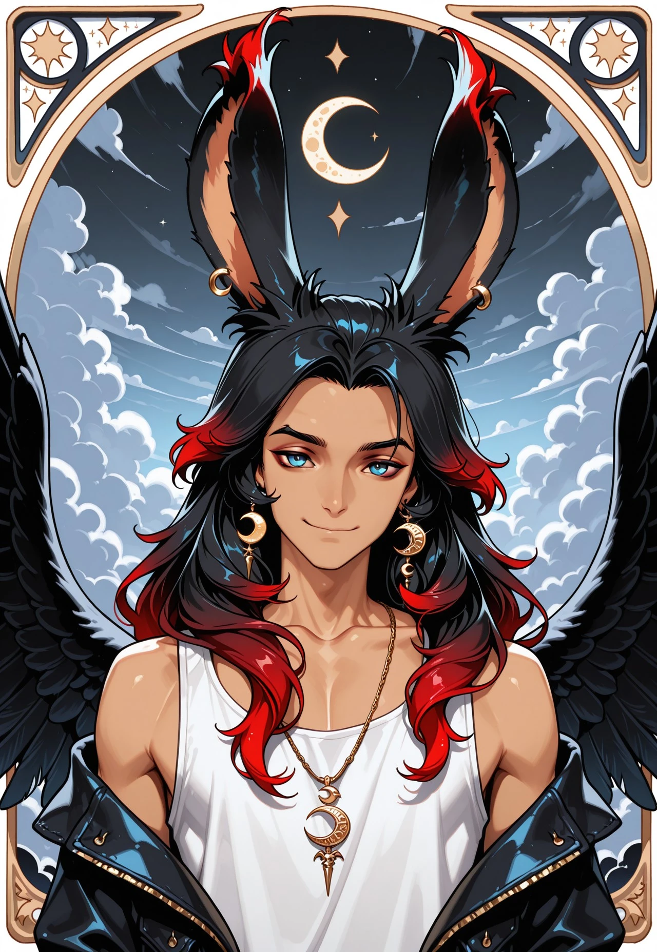 masterpiece, best quality, F4UX-T4R0T Style, animal ears, black hair, 1boy, jewelry, male focus, wings, multicolored hair, rabbit ears, solo, earrings, blue eyes, necklace, looking at viewer, red hair, long hair, upper body, black wings, tank top, viera, jacket, smile, two-tone hair, feathered wings, gradient hair, collarbone, sky, moon, cloud, crescent, art nouveau, belle epoque, tarot card