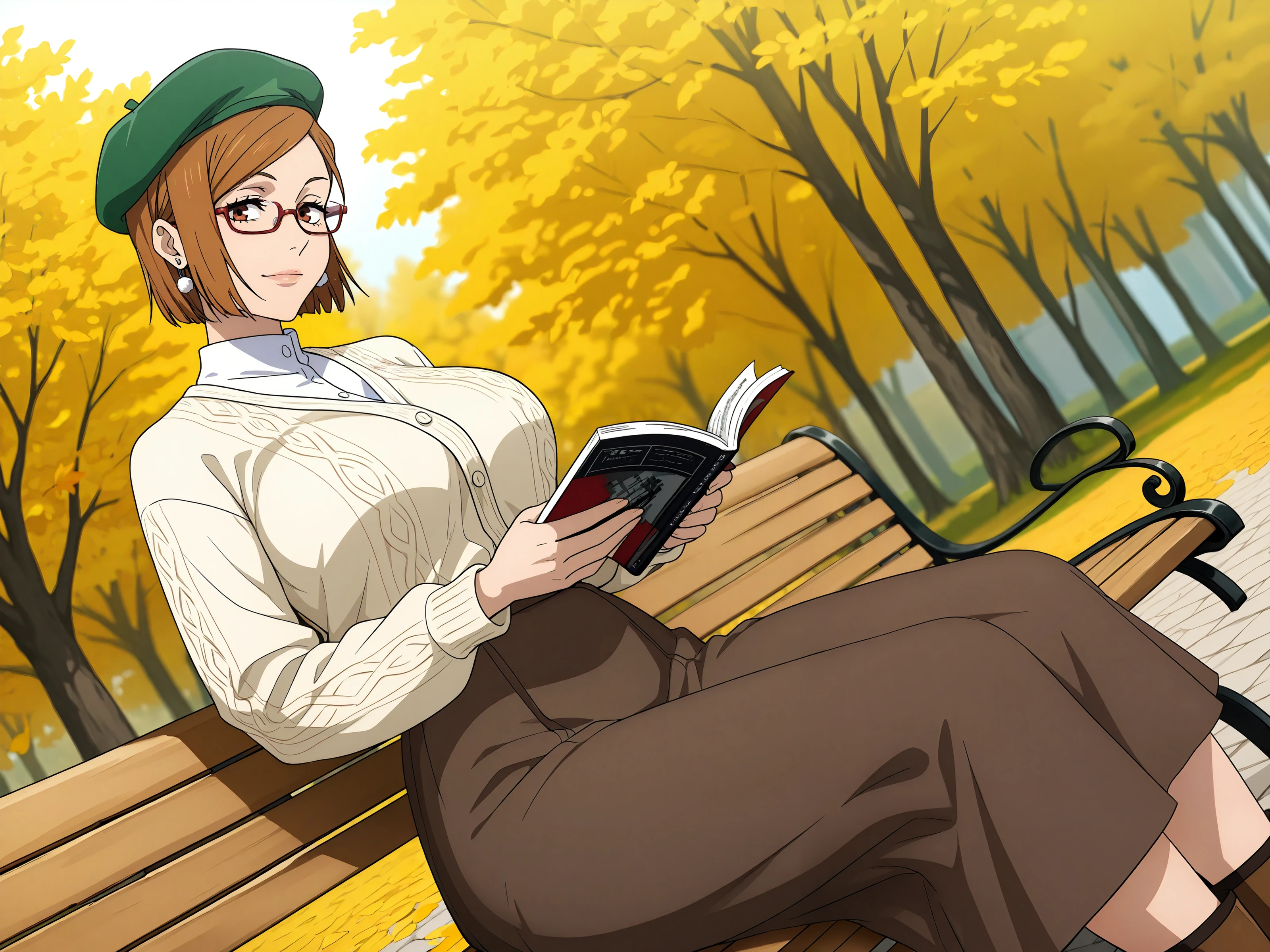 1girl, solo, kugisaki nobara, jujutsu kaisen, general, dutch angle, (outdoors, autumn, autumn leaves, aginst tree, sitting, on bench:1.2), light smile, reading book, short hair, bob cut, brown hair, (red eyes, shiny lips:1.1), large breasts, narrow waist, thick thighs, knees, ivory cardigan, long skirt, brown skirt, short boots, green beret, earrings, red glasses