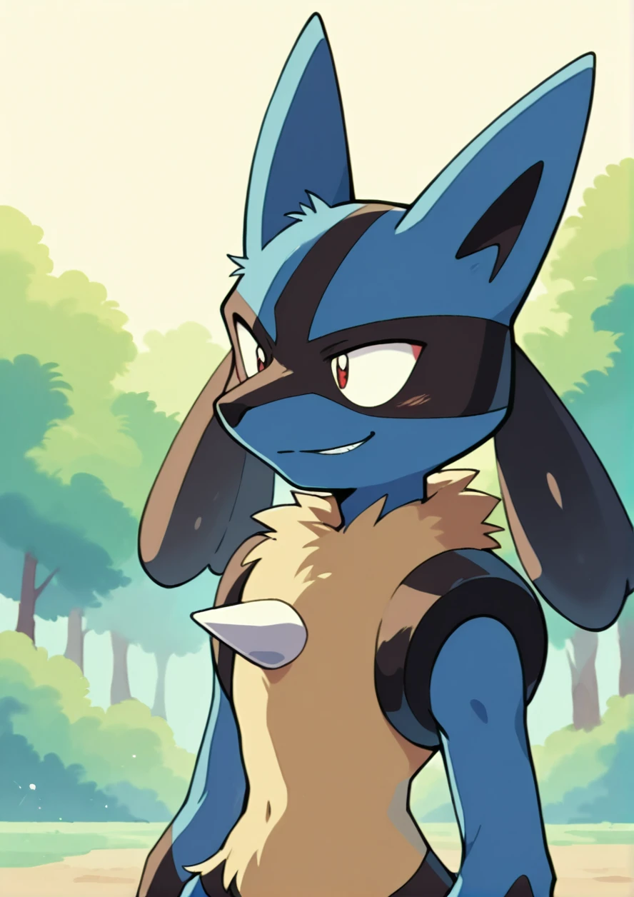 masterpiece, best quality, high quality, retro style, 1boy, luc4r10, pokemon (furry), upper body, smile, outdoors, <lora:SakuraSakuma1982Style:1>,  <lora:lucario_no_pants_tag:1>