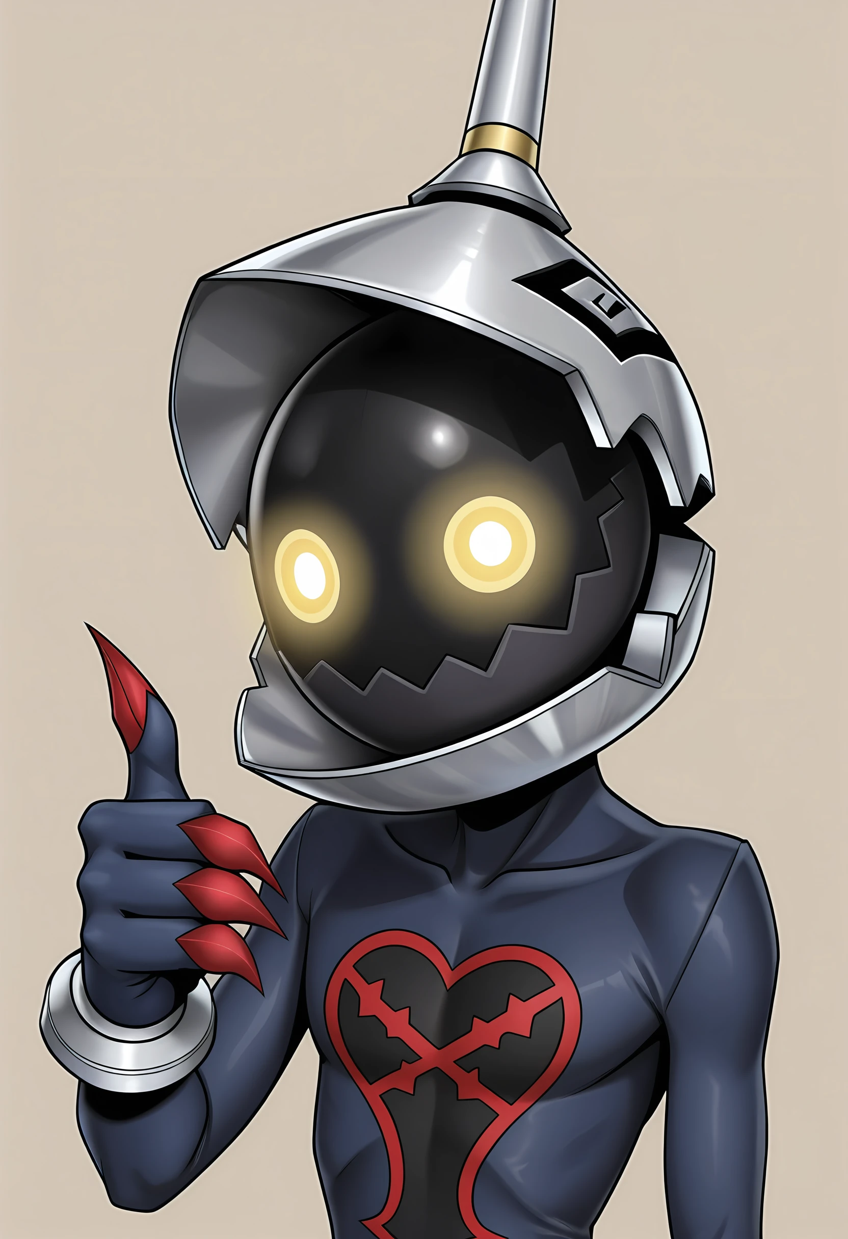 masterpiece, best quality, amazing quality, very aesthetic, absurdres, newest,  <lora:HeartlessSoldierILf:1> h4silf, faceless, yellow eyes, glowing eyes, helmet, claws, upper body, looking at viewer, thumbs up, blush, 
simple background,