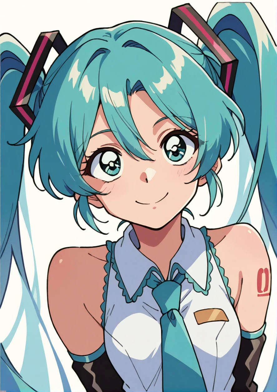 masterpiece, best quality, high quality, retro style,1girl,solo,upper body,(portrait:1.5),looking at viewer,facing viewer,dutch angle, smile, hatsune miku,absurdly long hair,aqua hair,twintails,hair ornament,sidelocks,hair between eyes,parted bangs,aqua eyes,white shirt,collared shirt,bare shoulders,sleeveless shirt,aqua necktie,detached sleeves,black sleeves,shoulder tattoo,fringe,black thighhighs,miniskirt,pleated skirt,zettai ryouiki,thigh boots,  <lora:Hatsune Miku(voc)-Illus-Remake:1> <lora:SakuraSakuma1982Style:1>
